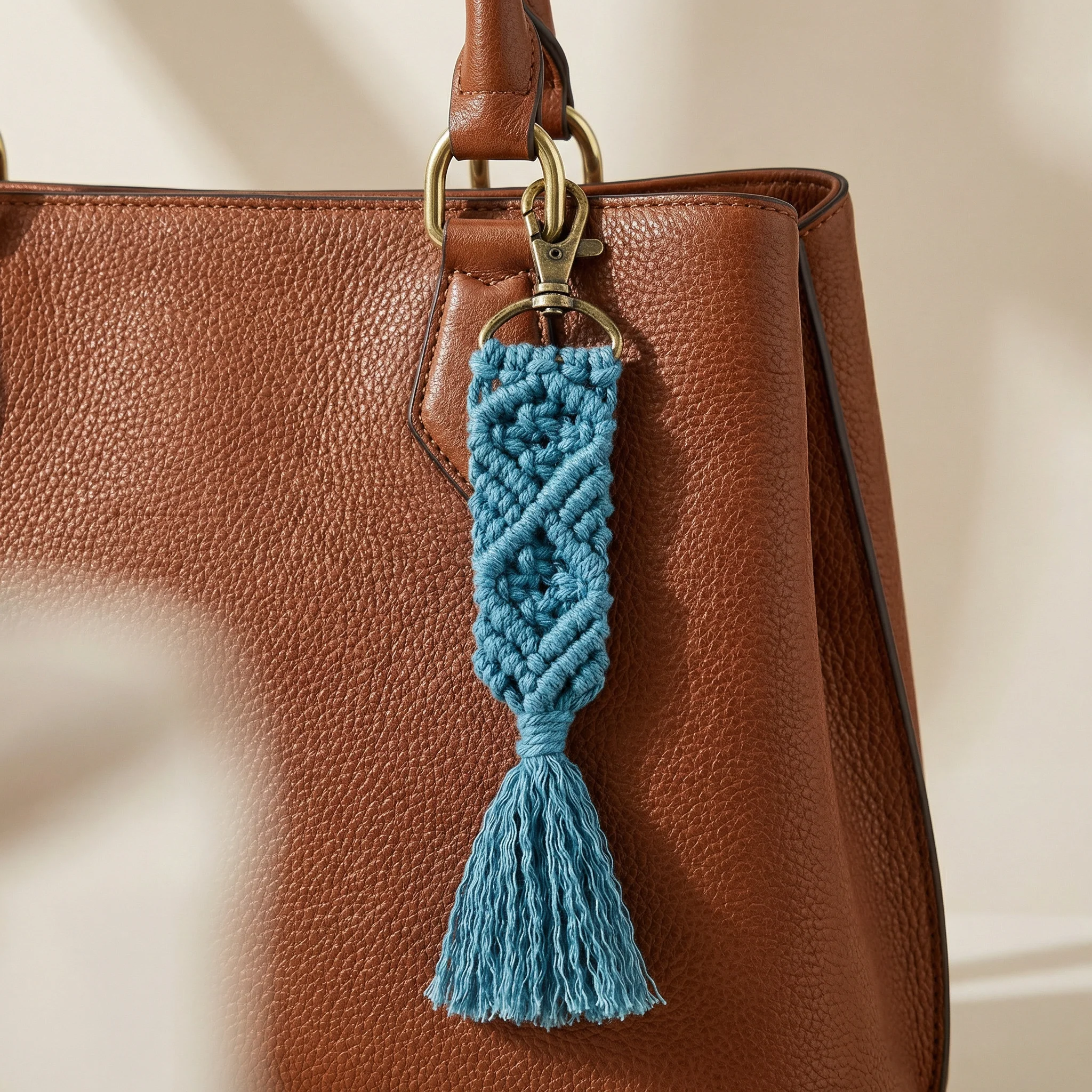 Hand Knotted Macrame Bag Charm Keychain in Teal - Image 4