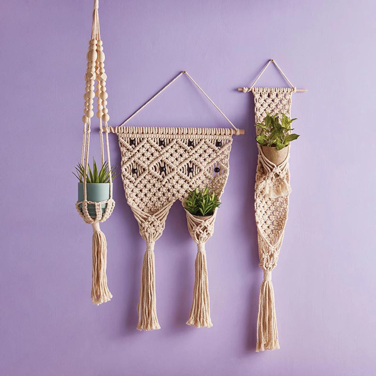 Macrame Two Pocket Plant Holder | Hanging Wall Flower Plant Hanger | 31" x 17" - Image 3