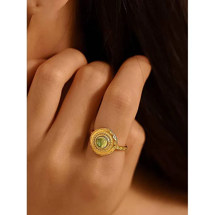 Malin 18K Gold Non-Tarnish Round Stone Ring | Adjustable Gold Plated Stainless Steel Glass Statement Ring - Image 2