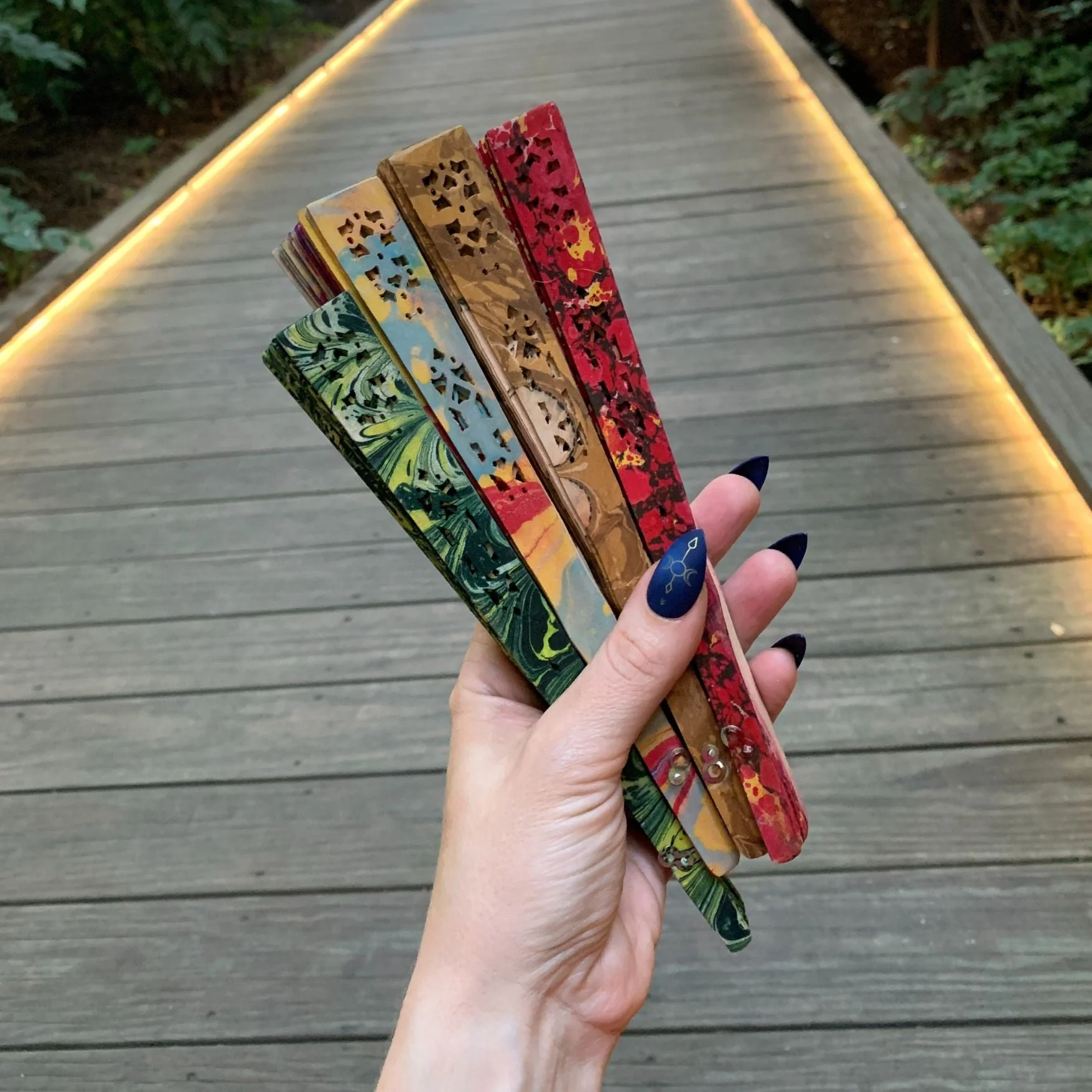 One of a Kind Hand Painted Marbled Wooden Fans - 15 Styles - Image 33