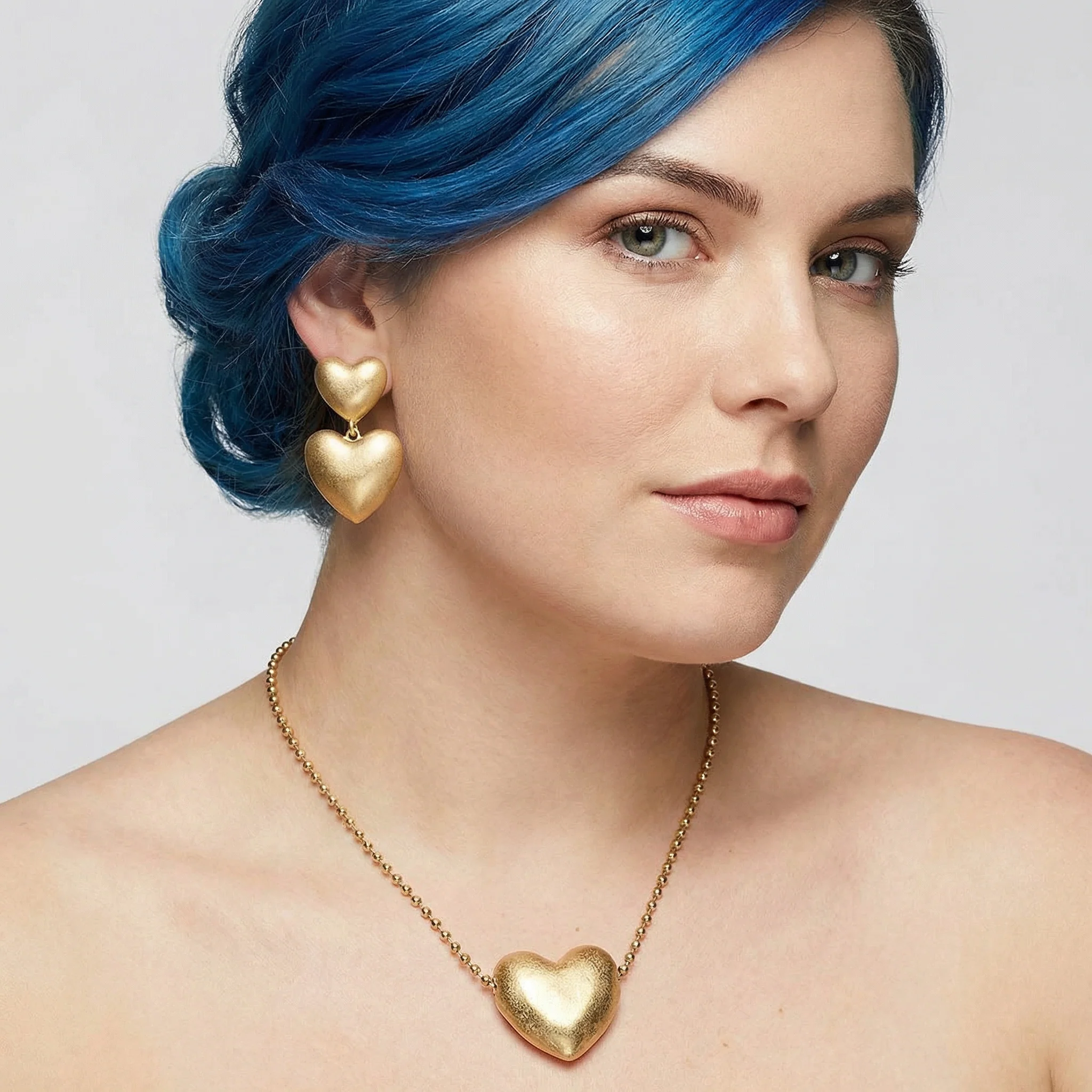 Margo Puffy Heart Statement Earrings in Worn Gold | Vintage Style Fashion Jewelry - Image 3