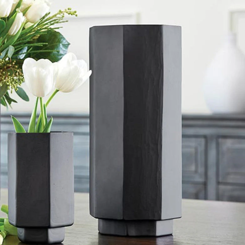 Matte Black Glass Hurricane Vase | Small Hexagonal Flower Vase | 3.5" x 6.5" - Image 2