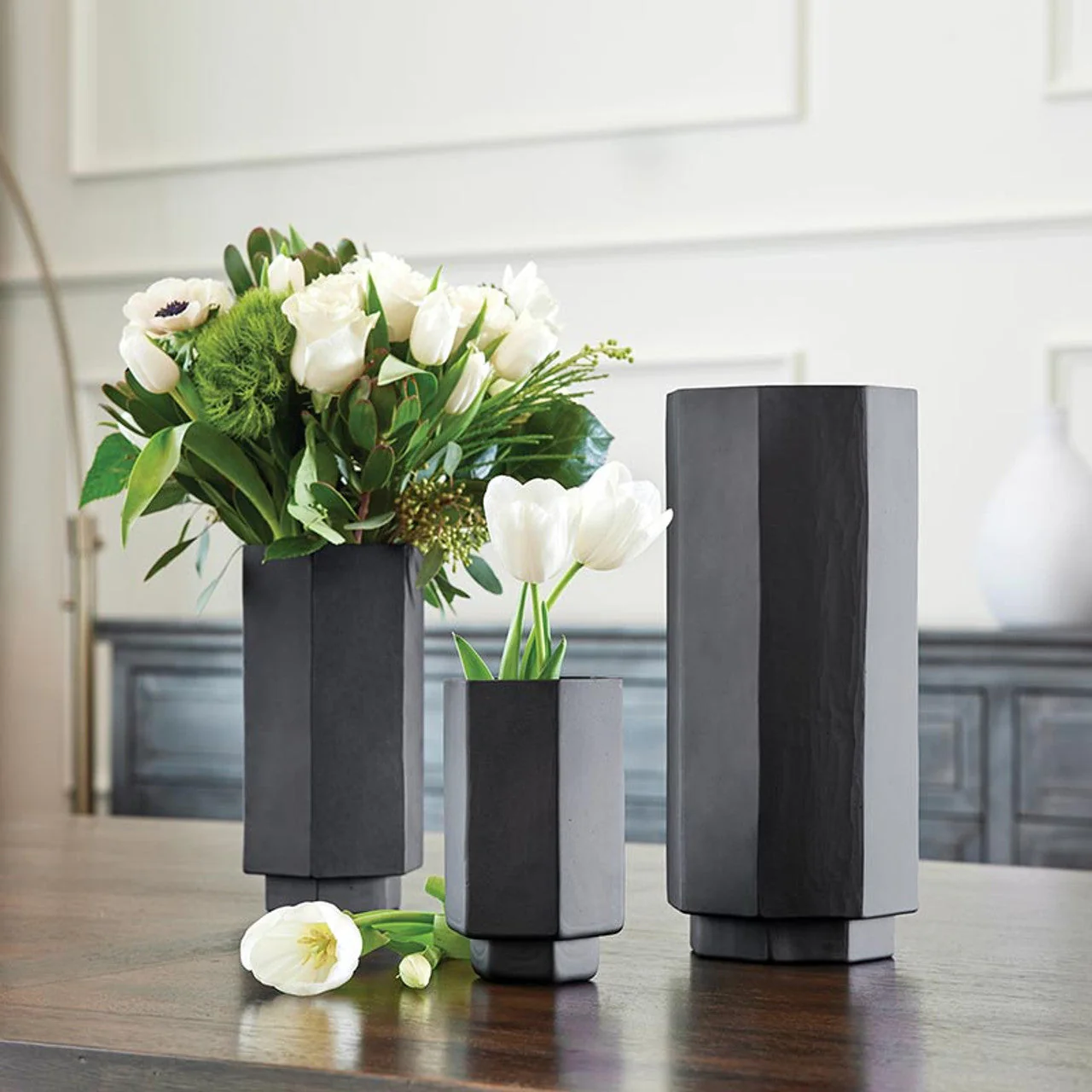 Matte Black Glass Hurricane Vase | Small Hexagonal Flower Vase | 3.5" x 6.5" - Image 3