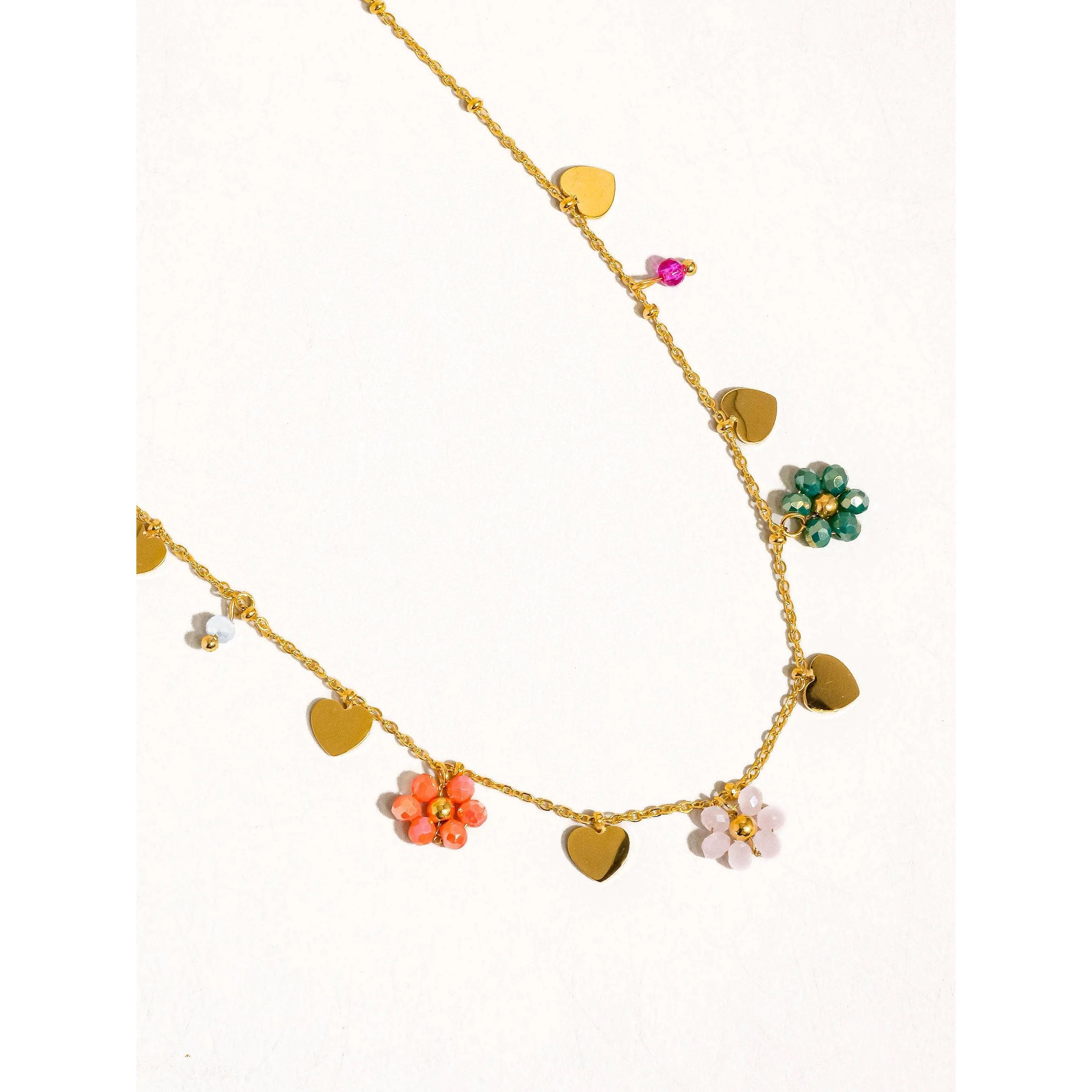 Melvin 18K Gold Non-Tarnish Flower & Hearts Necklace | Stainless Steel Beaded Pendant, Hypoallergenic, Water Resistant - Image 4