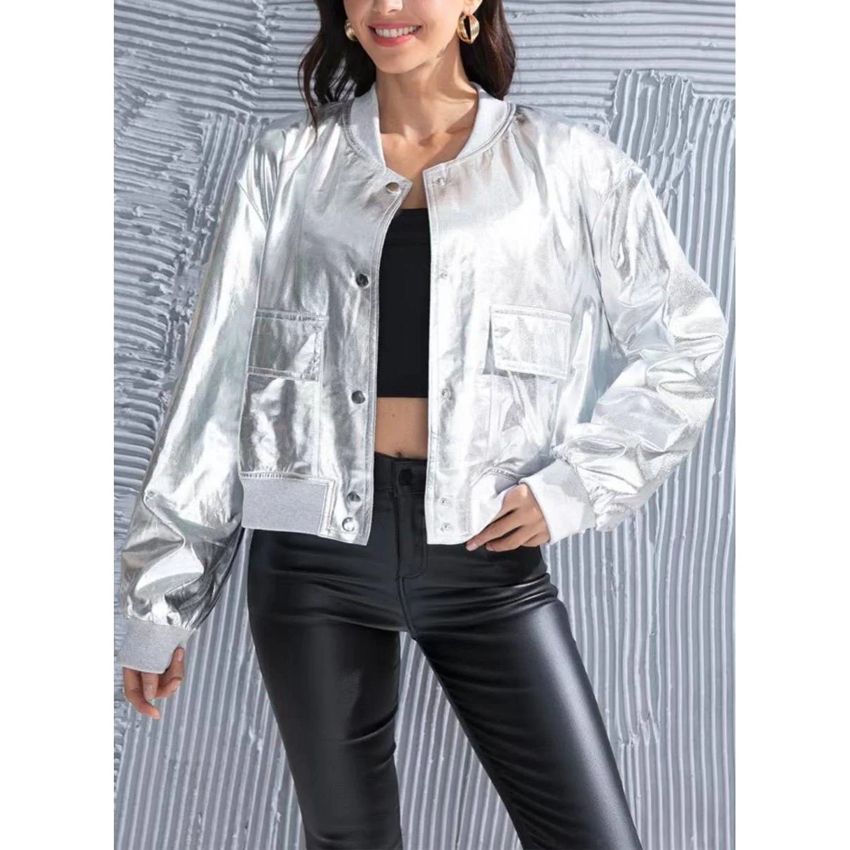 Metallic Bomber Jacket for Women | Trendy Shiny Outerwear [SM-XL] - Image 5