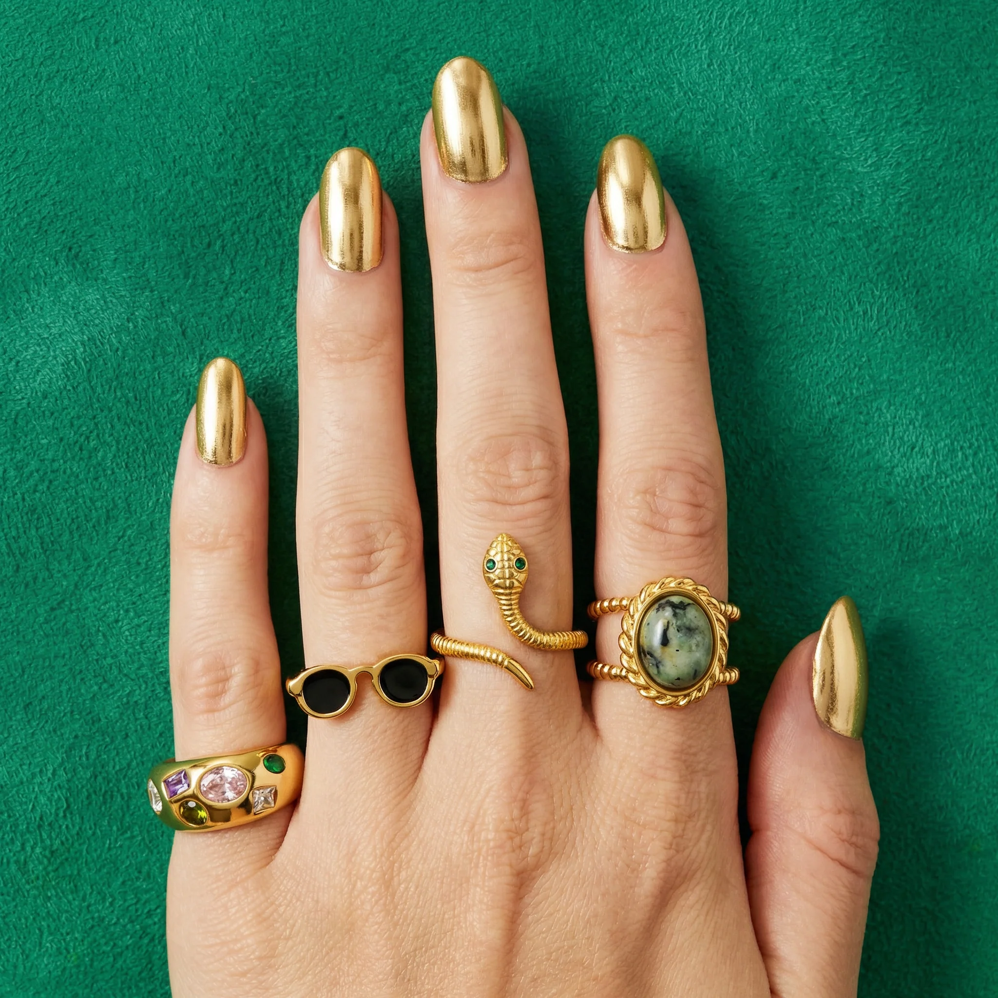 Mica 18K Gold Non-Tarnish Peacock Stone Adjustable Double Band Ring - Image 2