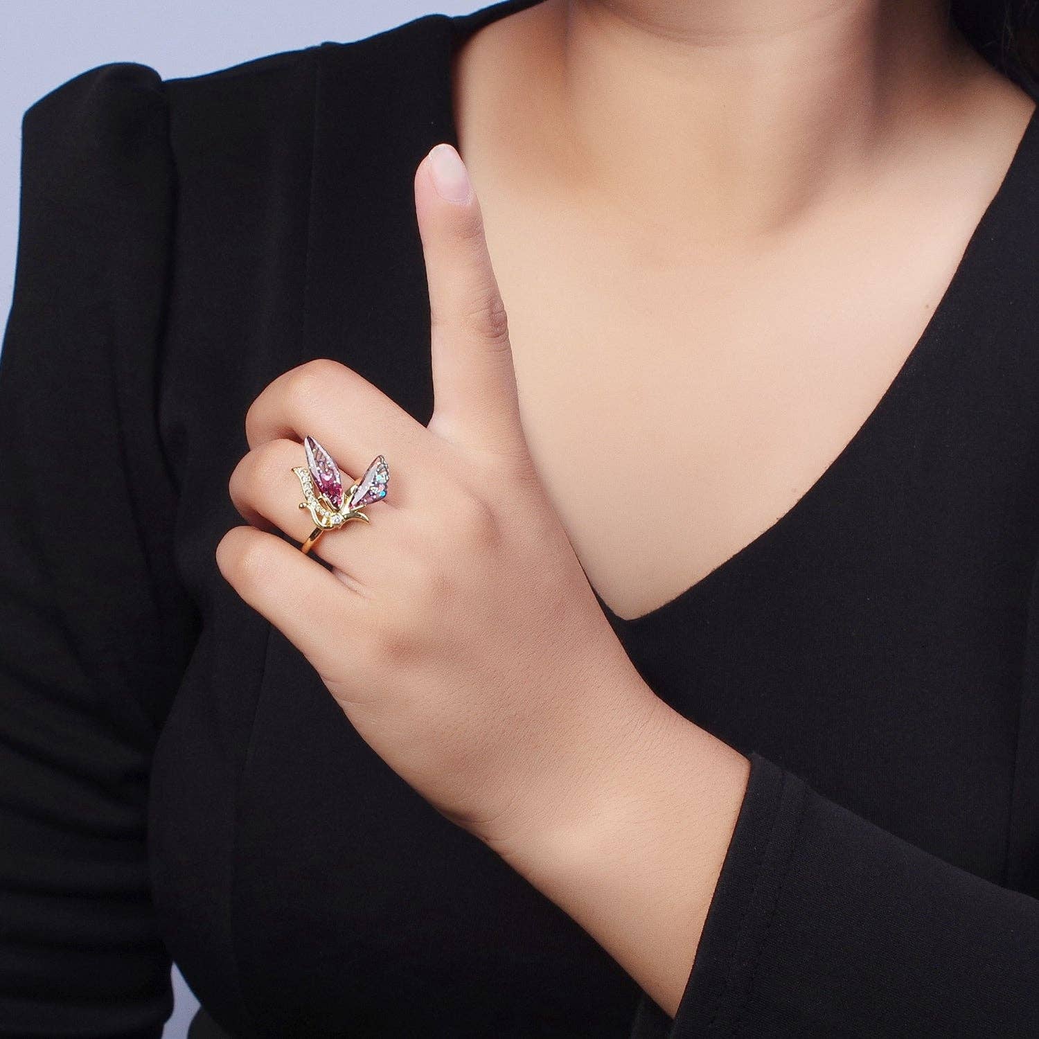 Gold Plated Butterfly Fairy Ring | Micro Paved Antenna, Adjustable Band - Image 3