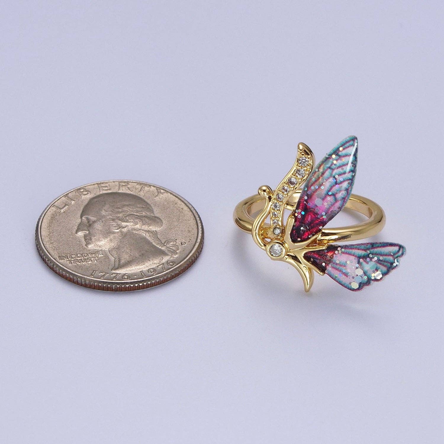 Gold Plated Butterfly Fairy Ring | Micro Paved Antenna, Adjustable Band - Image 4