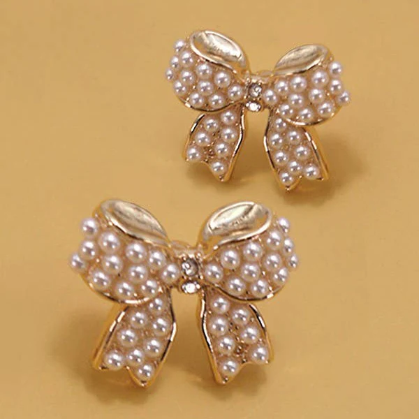 Mini Pearl Coquette Bow Ribbon Gold Earrings in Gold Plating | .5"