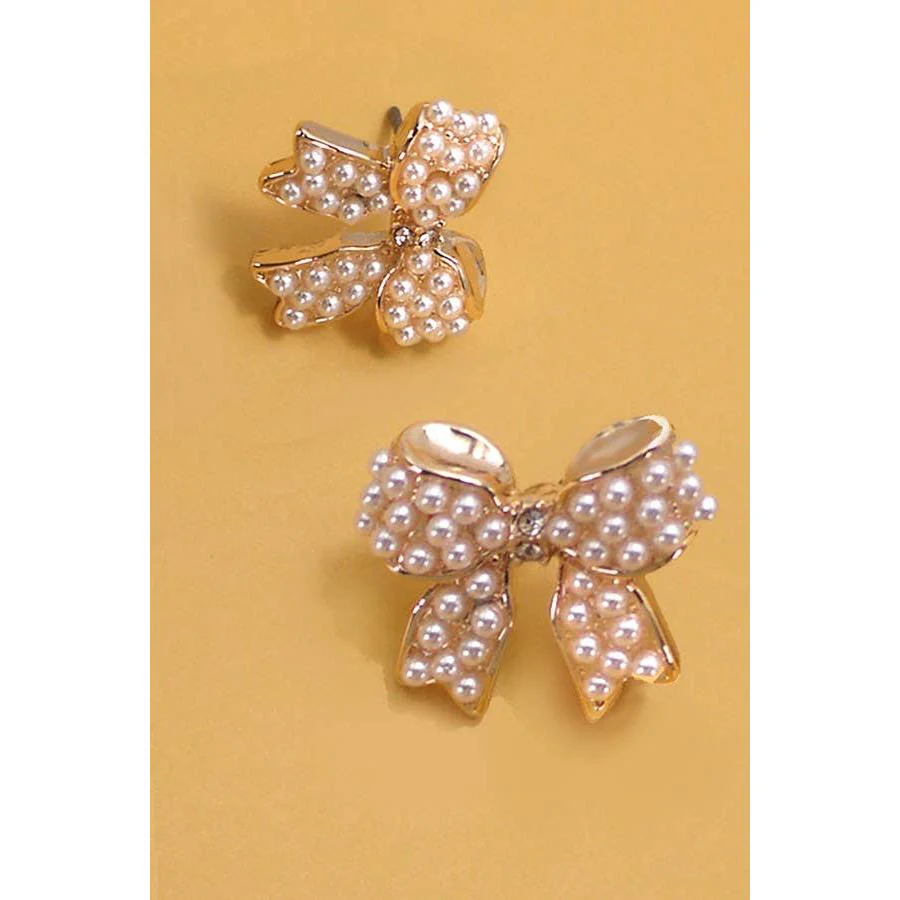 Mini Pearl Coquette Bow Ribbon Gold Earrings in Gold Plating | .5" - Image 2