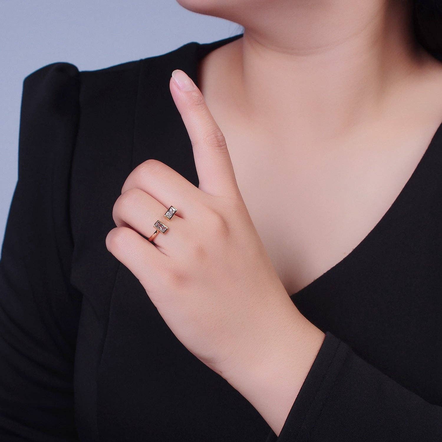 Minimalist Gold Baguette CZ Adjustable Ring| Dainty Cubic Zirconia Open Ring - Image 2