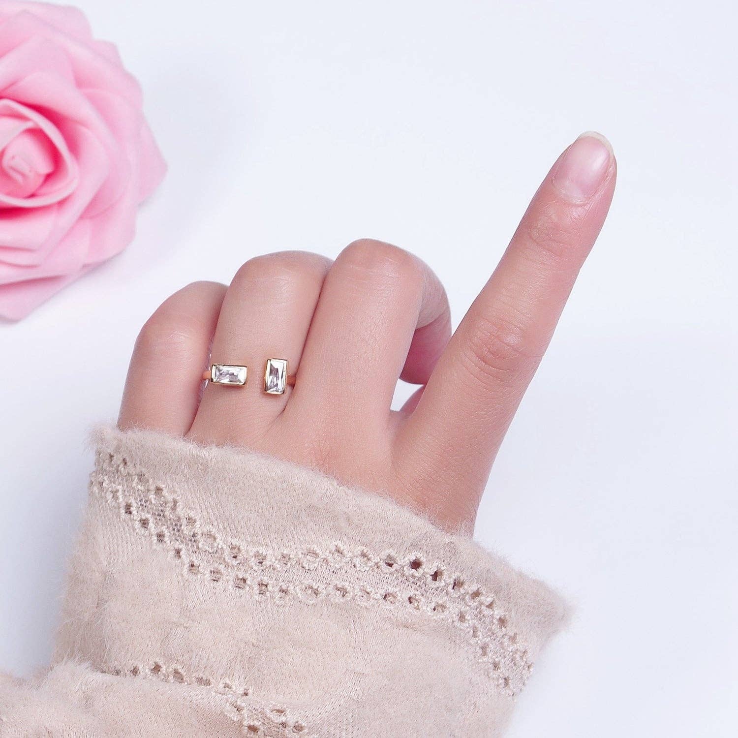 Minimalist Gold Baguette CZ Adjustable Ring| Dainty Cubic Zirconia Open Ring - Image 5