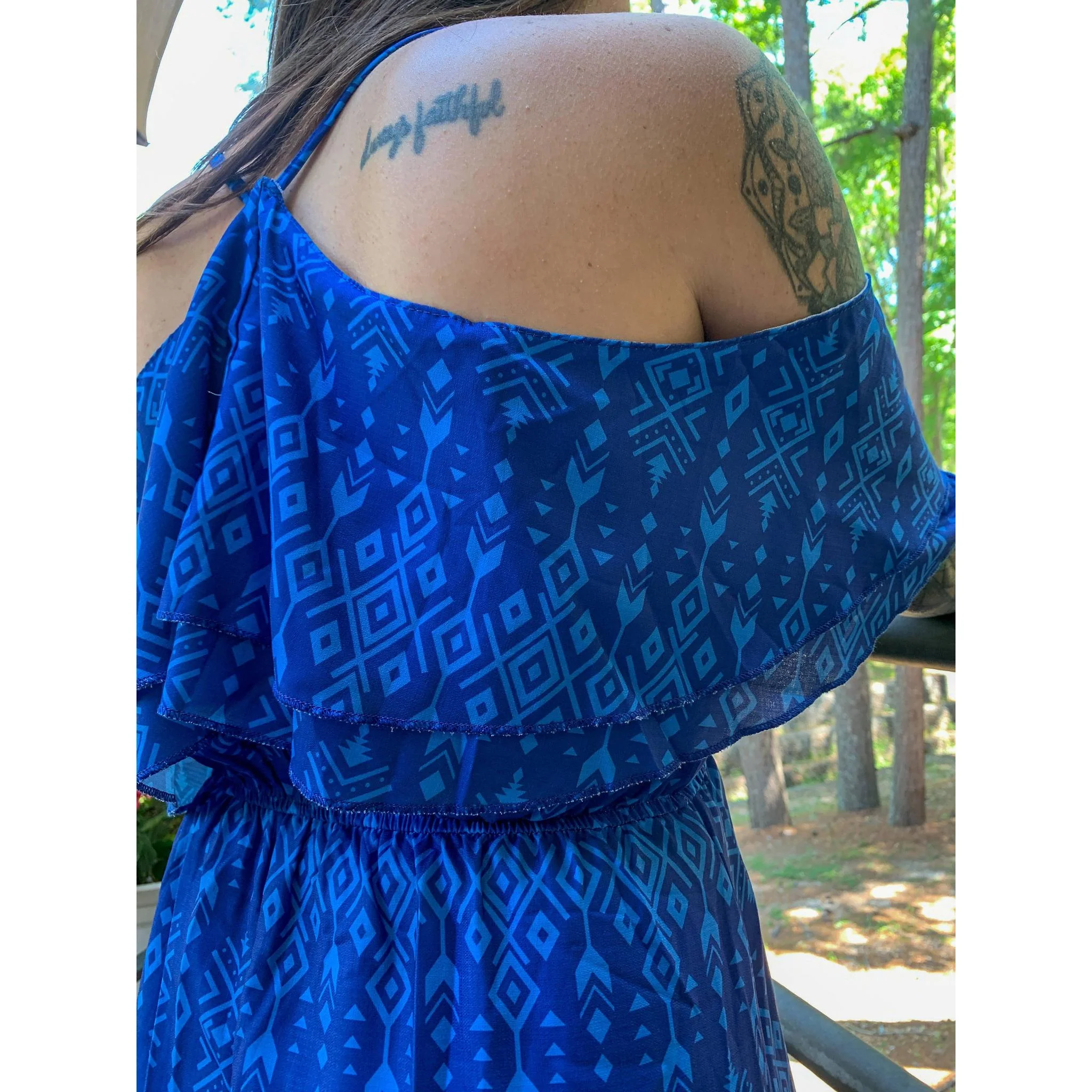 Broken Bow Cold Shoulder Maxi Dress in Blue Aztec - Image 5