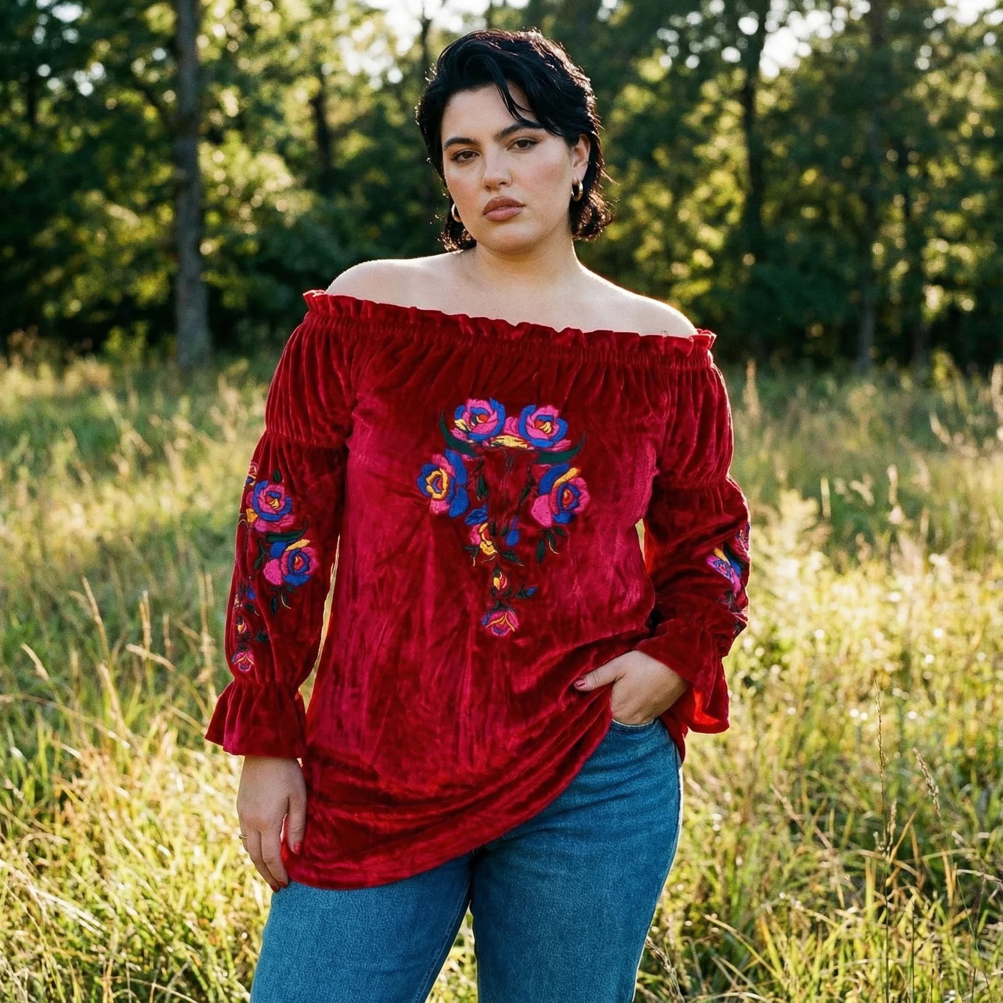 Rio Grande Embroidered Velvet Tunic Dress in Red [Size SM & 2X Remaining] - Image 2
