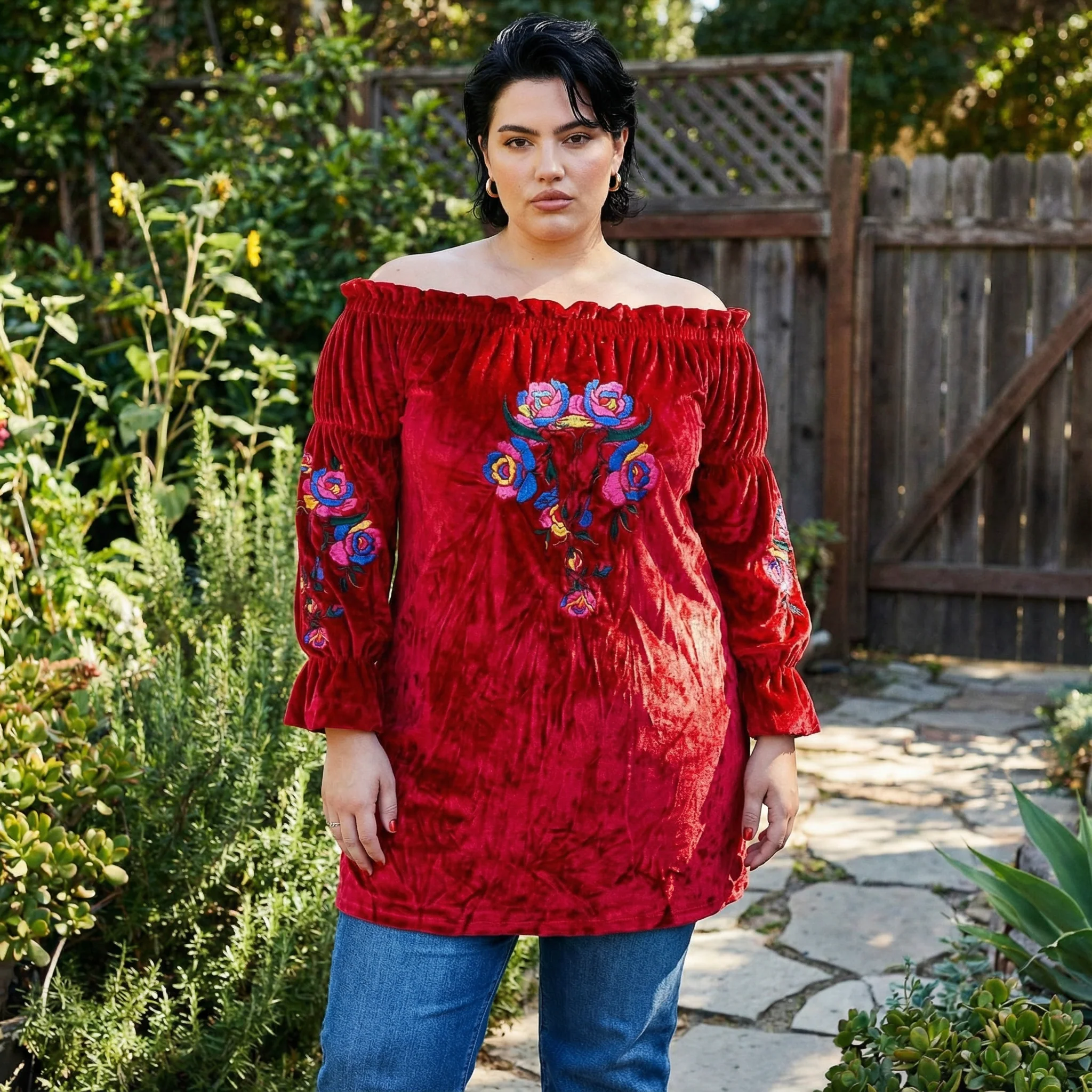 Rio Grande Embroidered Velvet Tunic Dress in Red [Size SM & 2X Remaining] - Image 3