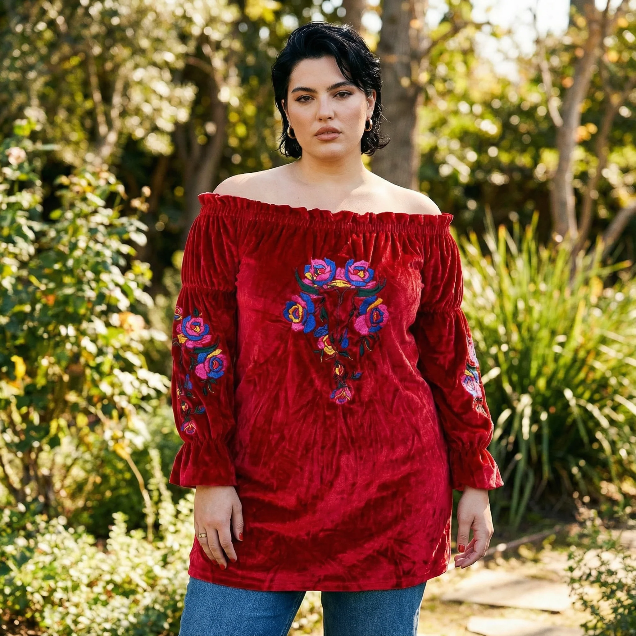 Rio Grande Embroidered Velvet Tunic Dress in Red [Size SM & 2X Remaining] - Image 4