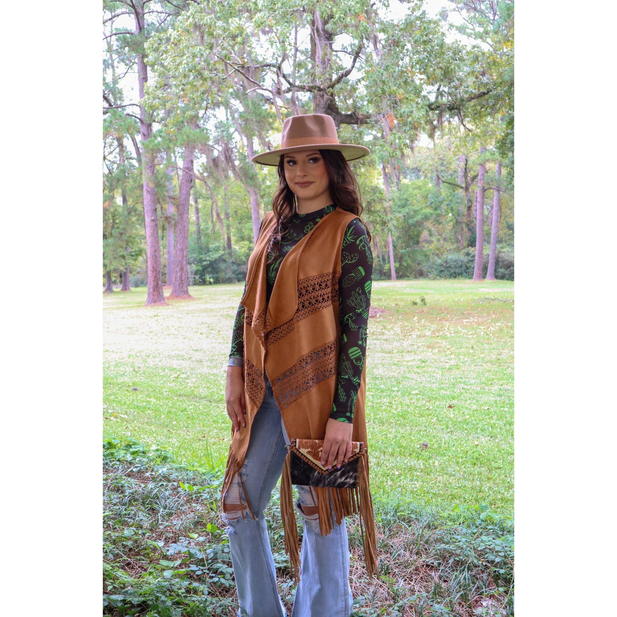 [Size S/M Remaining] Cowgirl Vegan Suede Crochet Duster in Brown | Open-front Coat Outerwear - Image 4