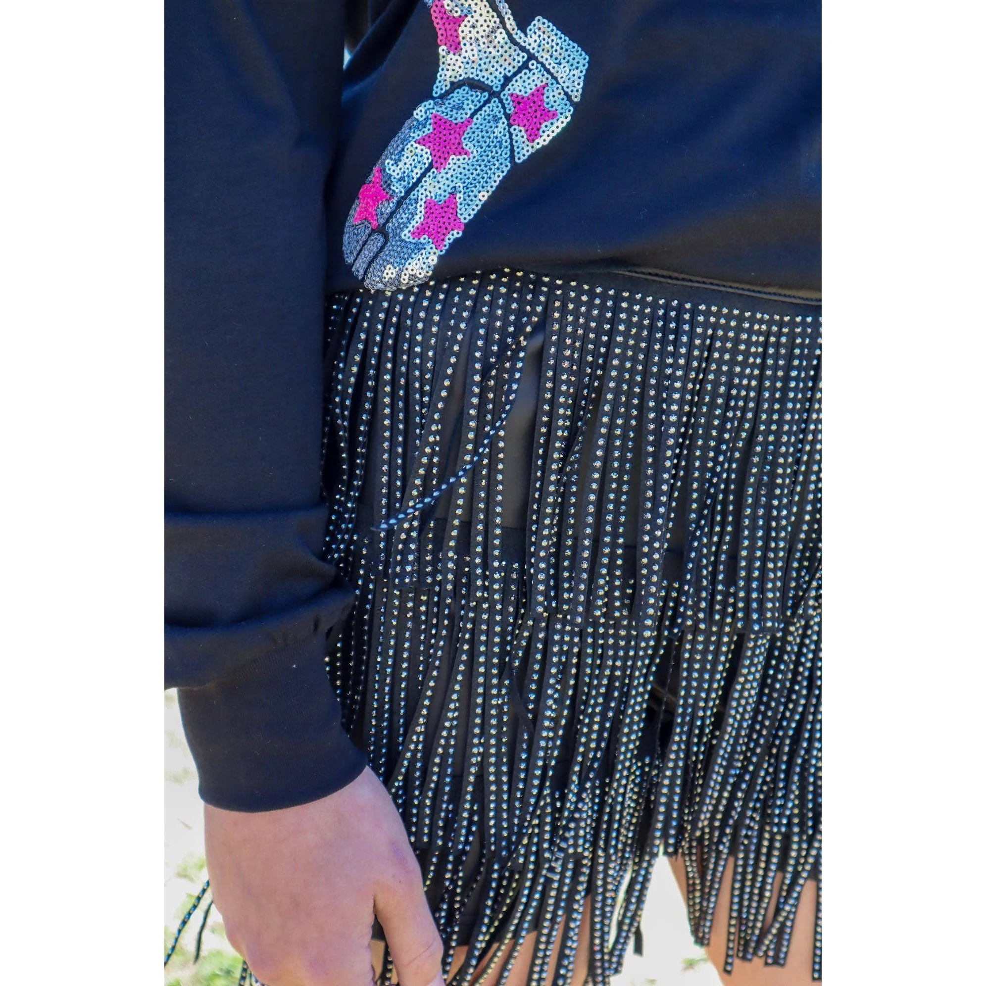 Catalena Fringe Rhinestone Skort Miniskirt Shorts in Black [Available in SM-L] - Image 5