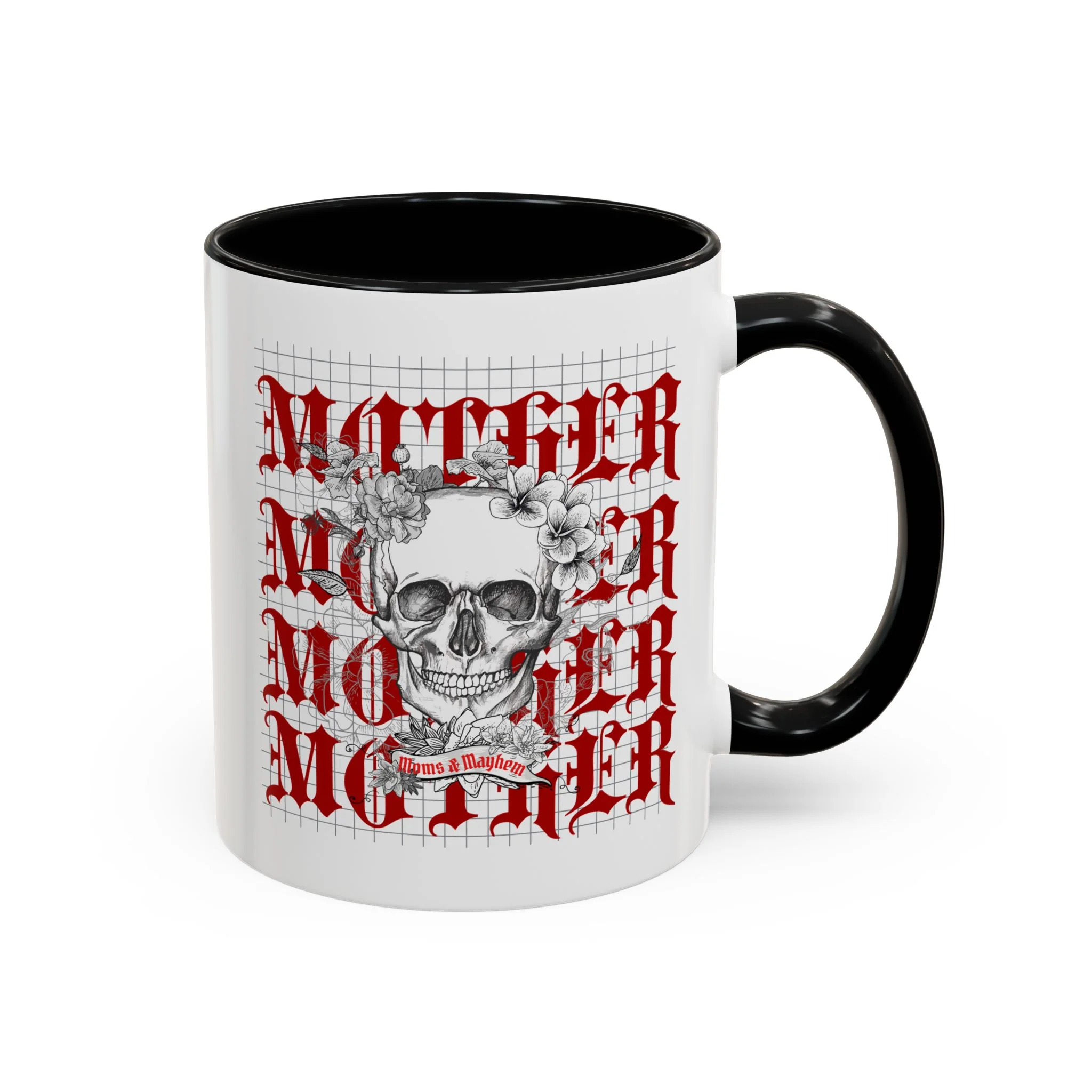 Moms and Mayhem Heavy Metal Skull Themed 11oz Black Mug | Mothers Day Coffee Lovers Gift - Image 3