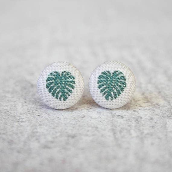 Monstera Fabric Button Earrings | Handmade in the US - Image 6