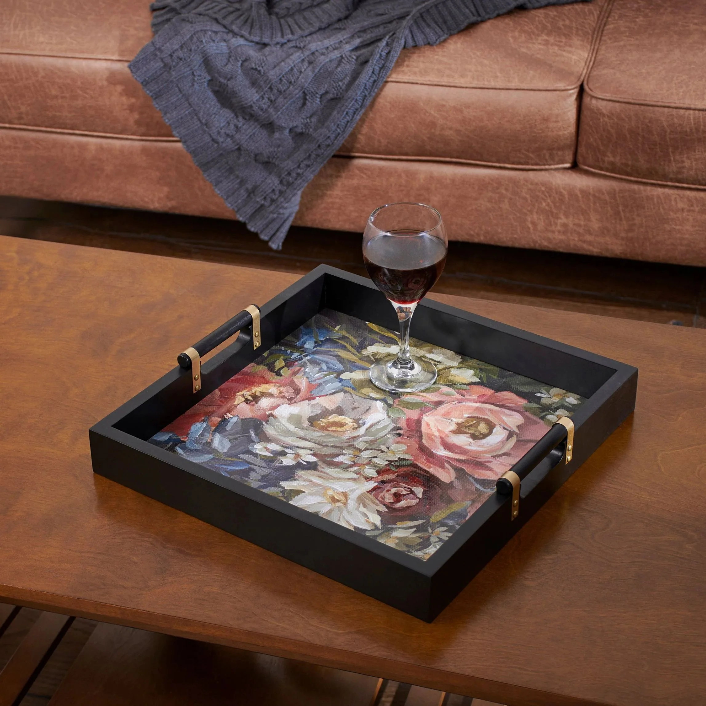 Moody Floral Wooden Tray | Dark Floral Serving Tray with Gold Handles - Image 2