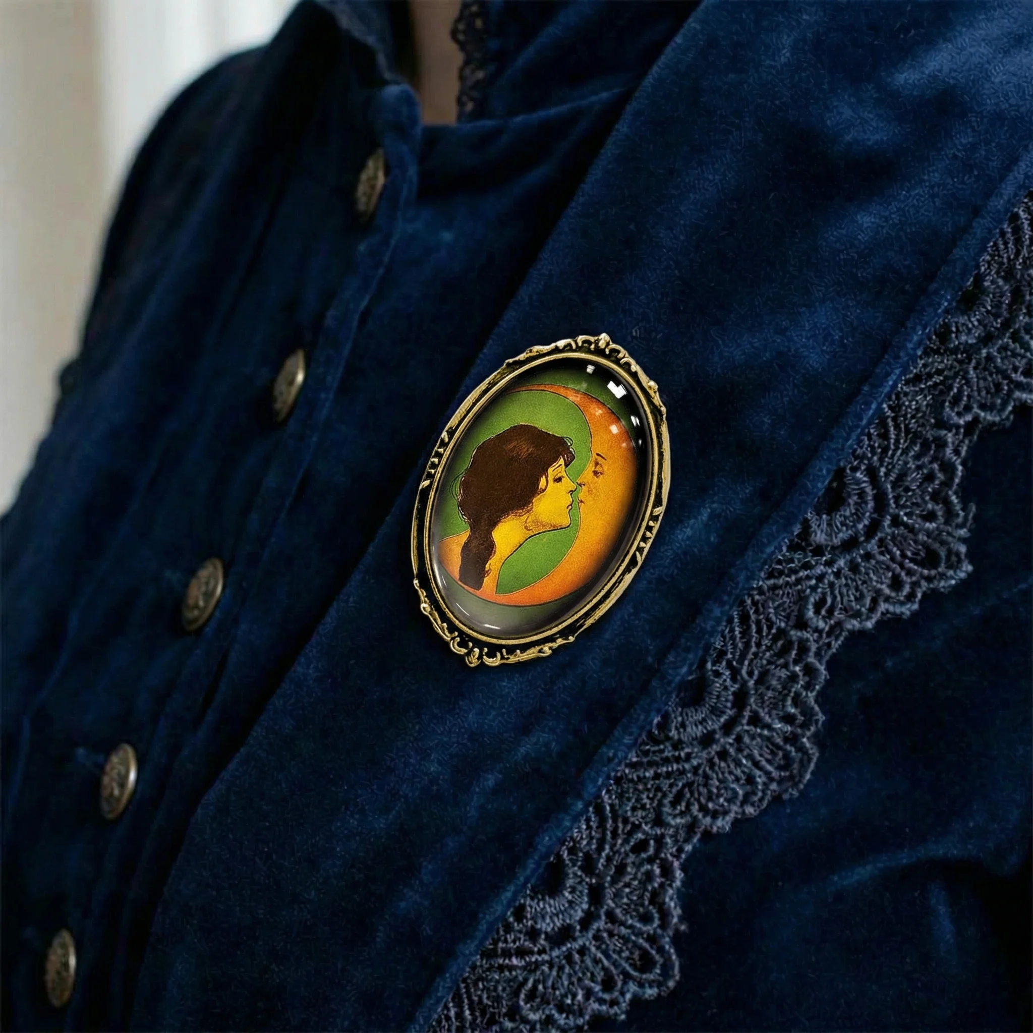 Moon Kiss Brooch Vintage Art Nouveau Crescent Moon | Celestial Victorian Style Glass Cabochon Pin - Image 7