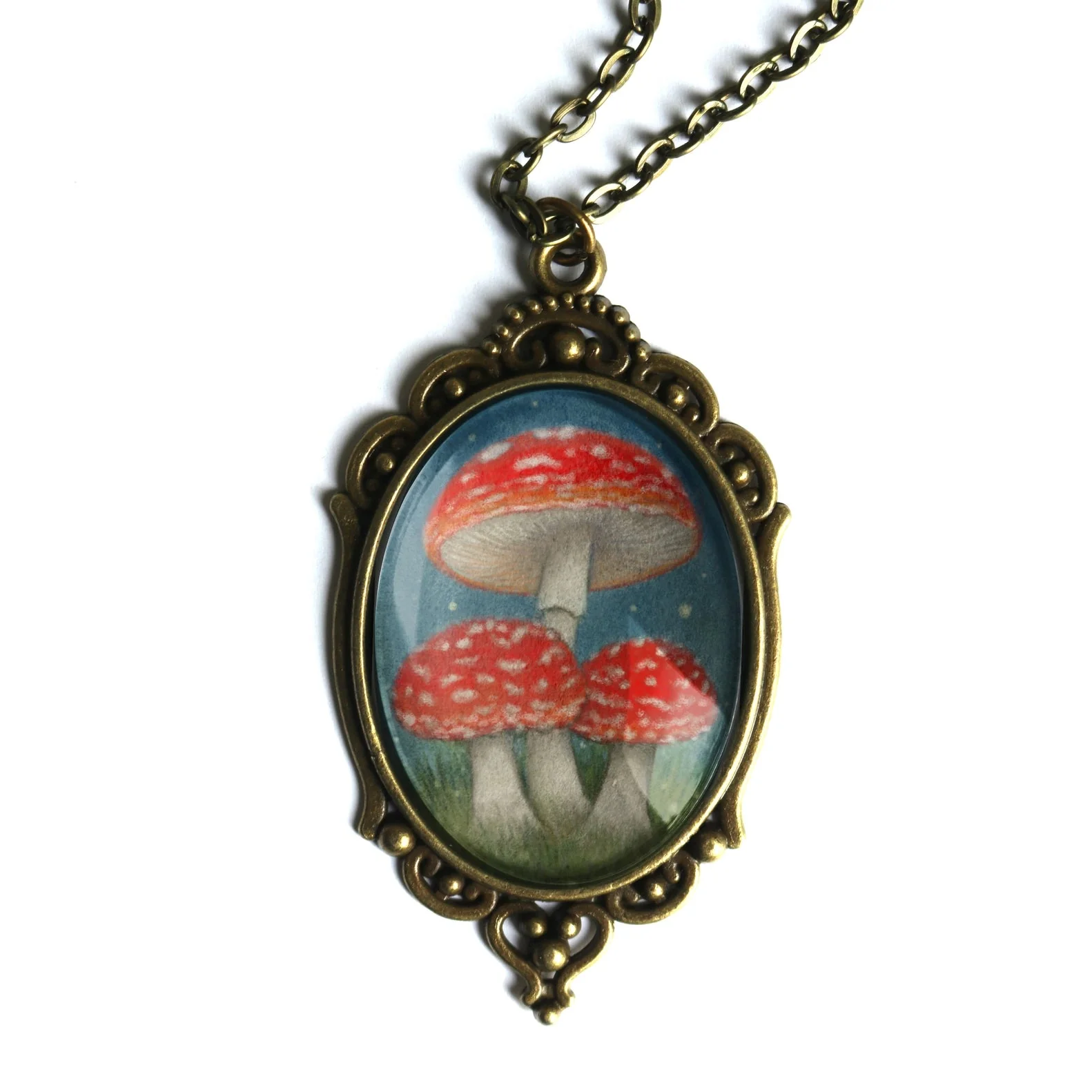 Moonlit Mushrooms Ornate Oval Cottage Core Pendant Necklace | Handmade in the US - Image 3