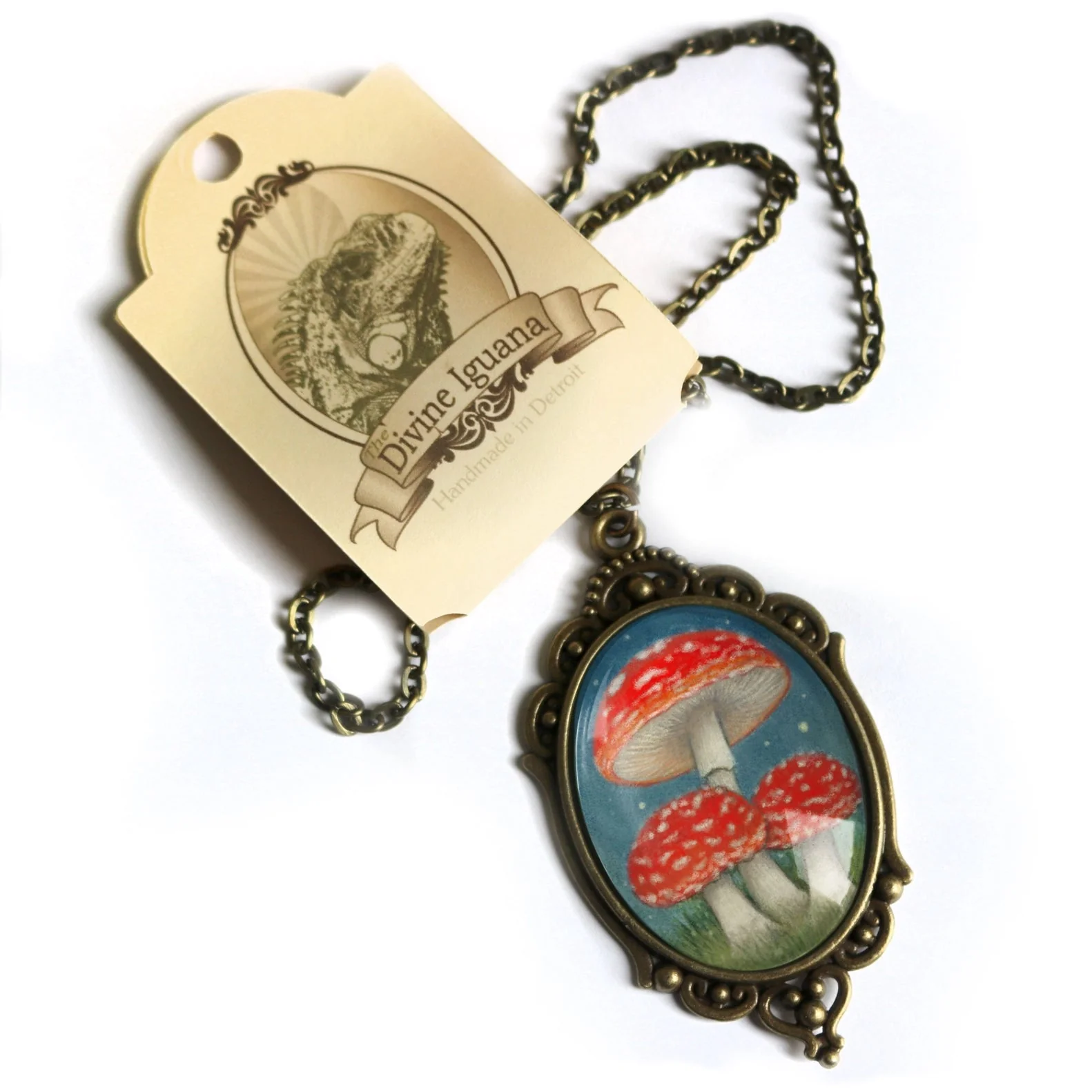Moonlit Mushrooms Ornate Oval Cottage Core Pendant Necklace | Handmade in the US - Image 4