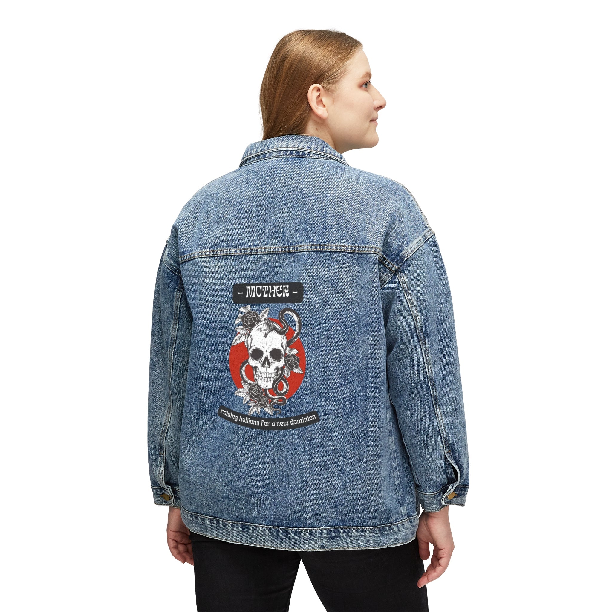 MOTHER Raising Hellions for a New Dominion Heavy Metal Skull Women's Denim Jean Jacket - Image 4
