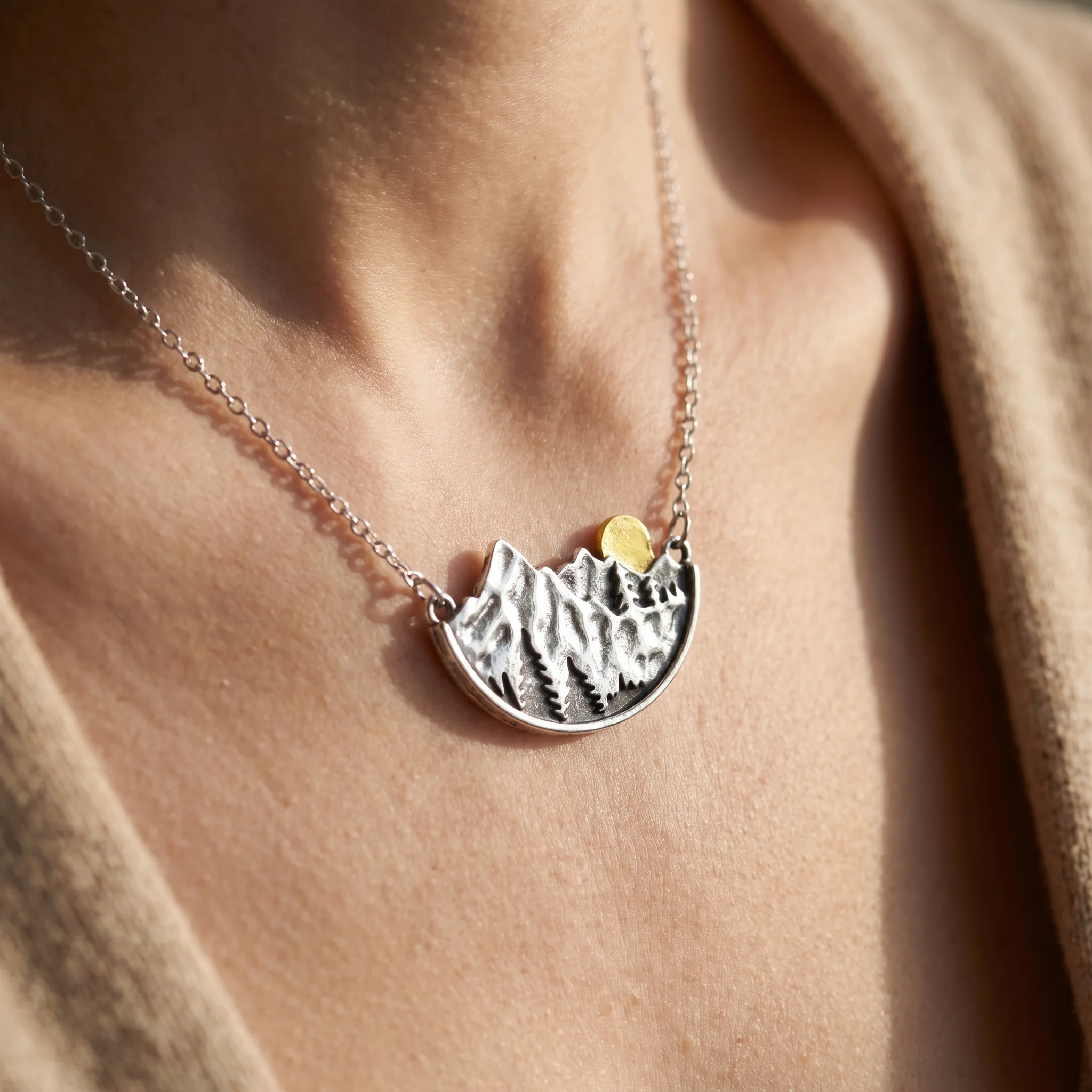 Mountain Necklace | Silver Landscape Pendant with Shimmery Full Moon - Image 2