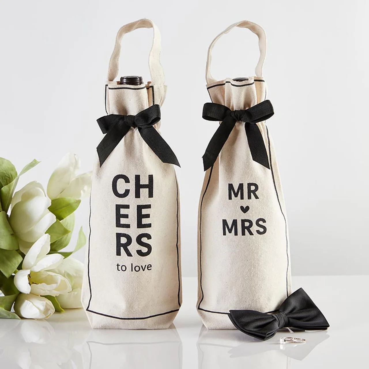 Mr and Mrs Wine Bag | Cotton Canvas Carrier Beverage Gift Bag | Wedding Anniversary Gift - Image 2