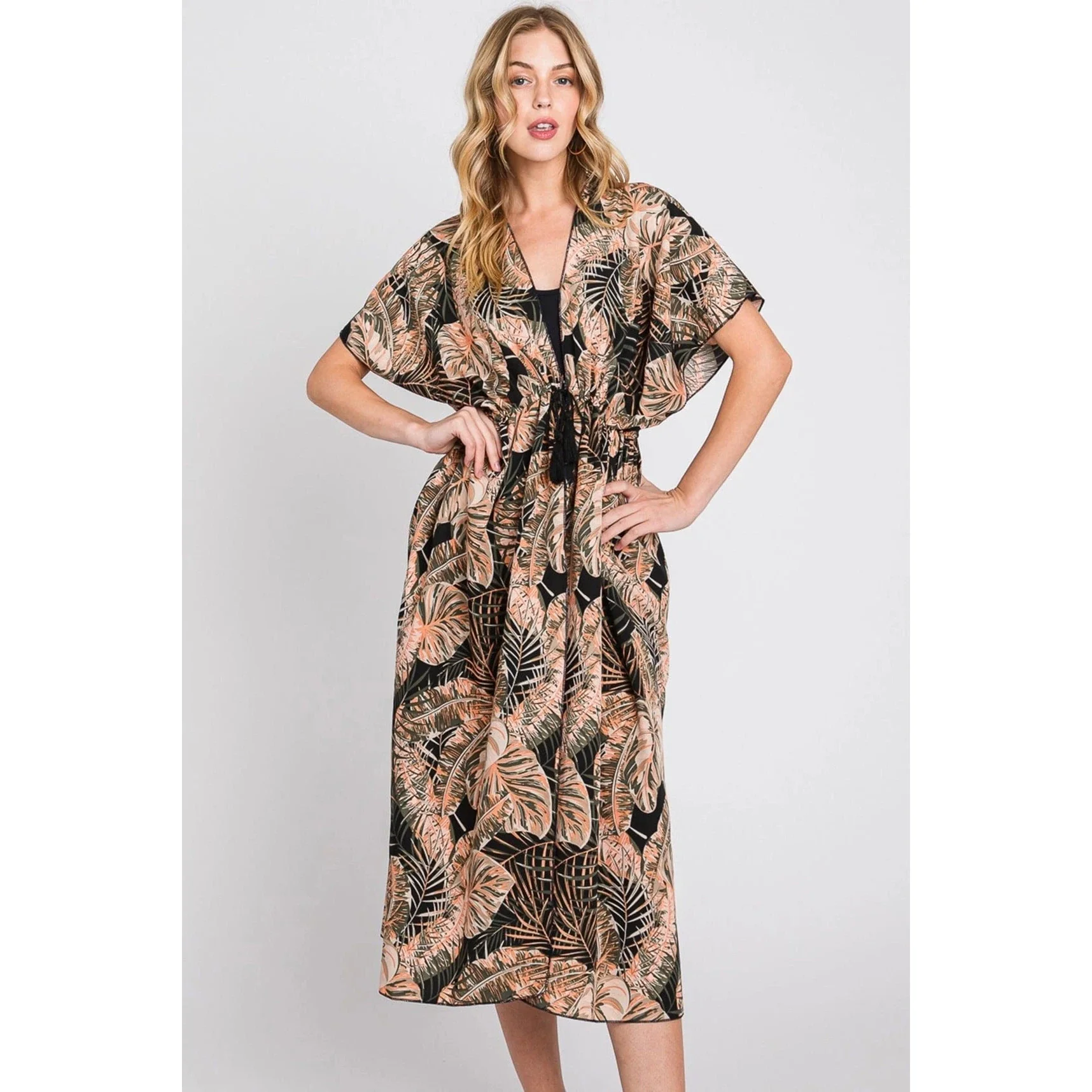 Eloise Tropical Leaves Drawstring Long Kimono - Image 3