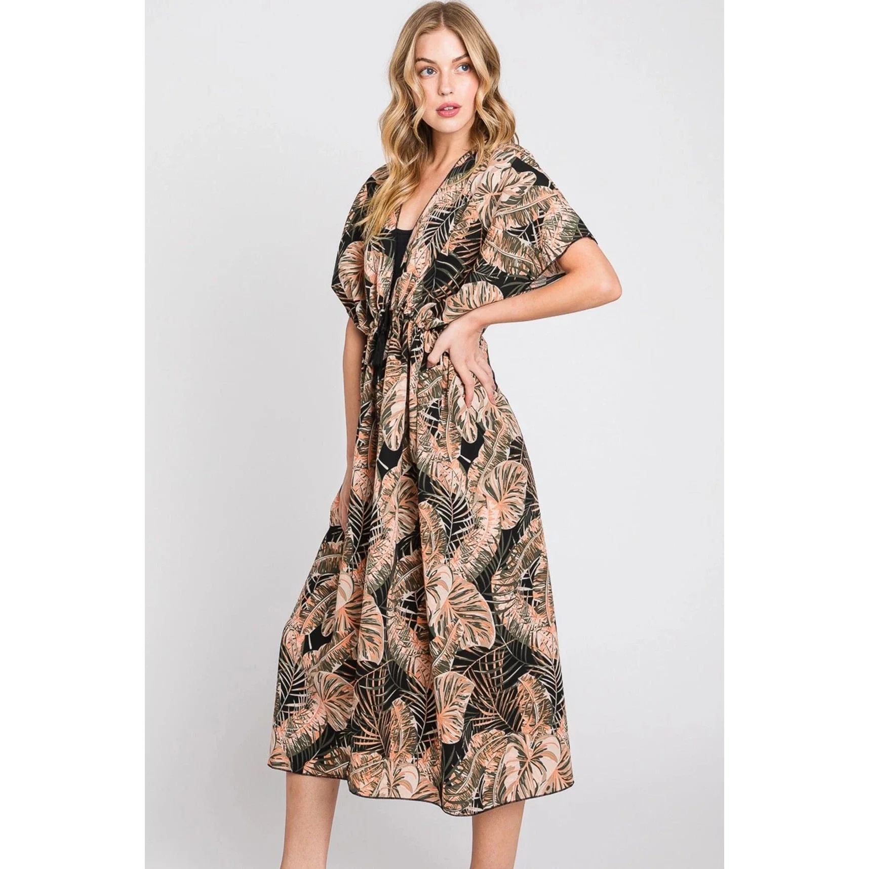 Eloise Tropical Leaves Drawstring Long Kimono - Image 4