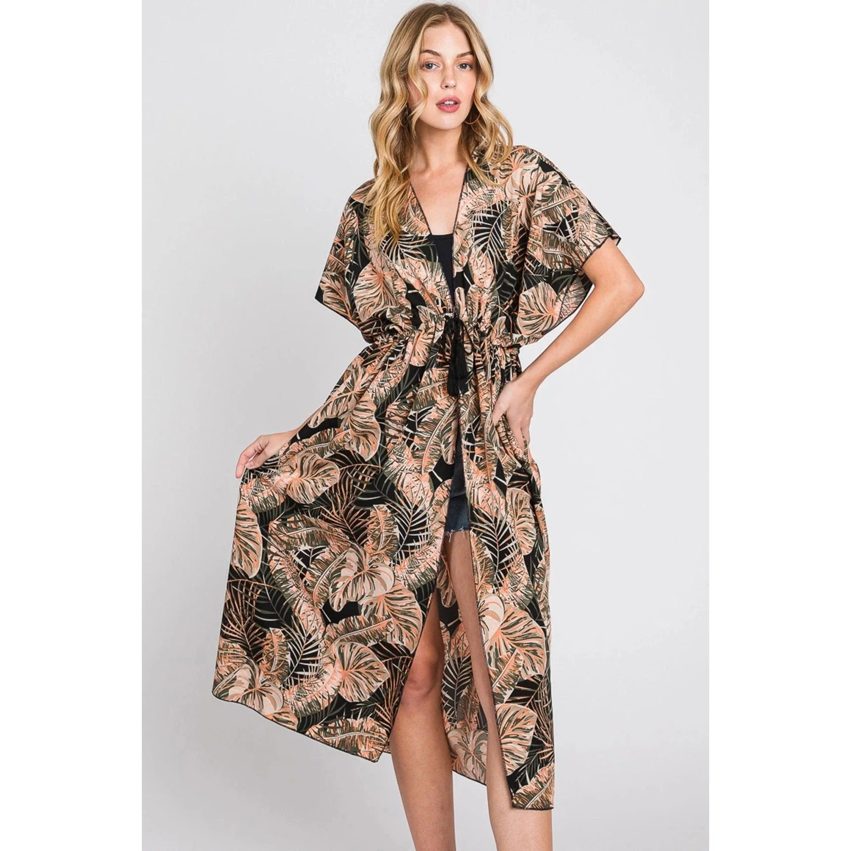 Eloise Tropical Leaves Drawstring Long Kimono - Image 6