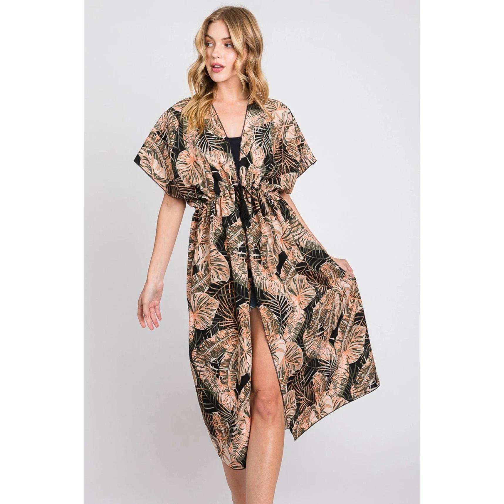 Eloise Tropical Leaves Drawstring Long Kimono - Image 7