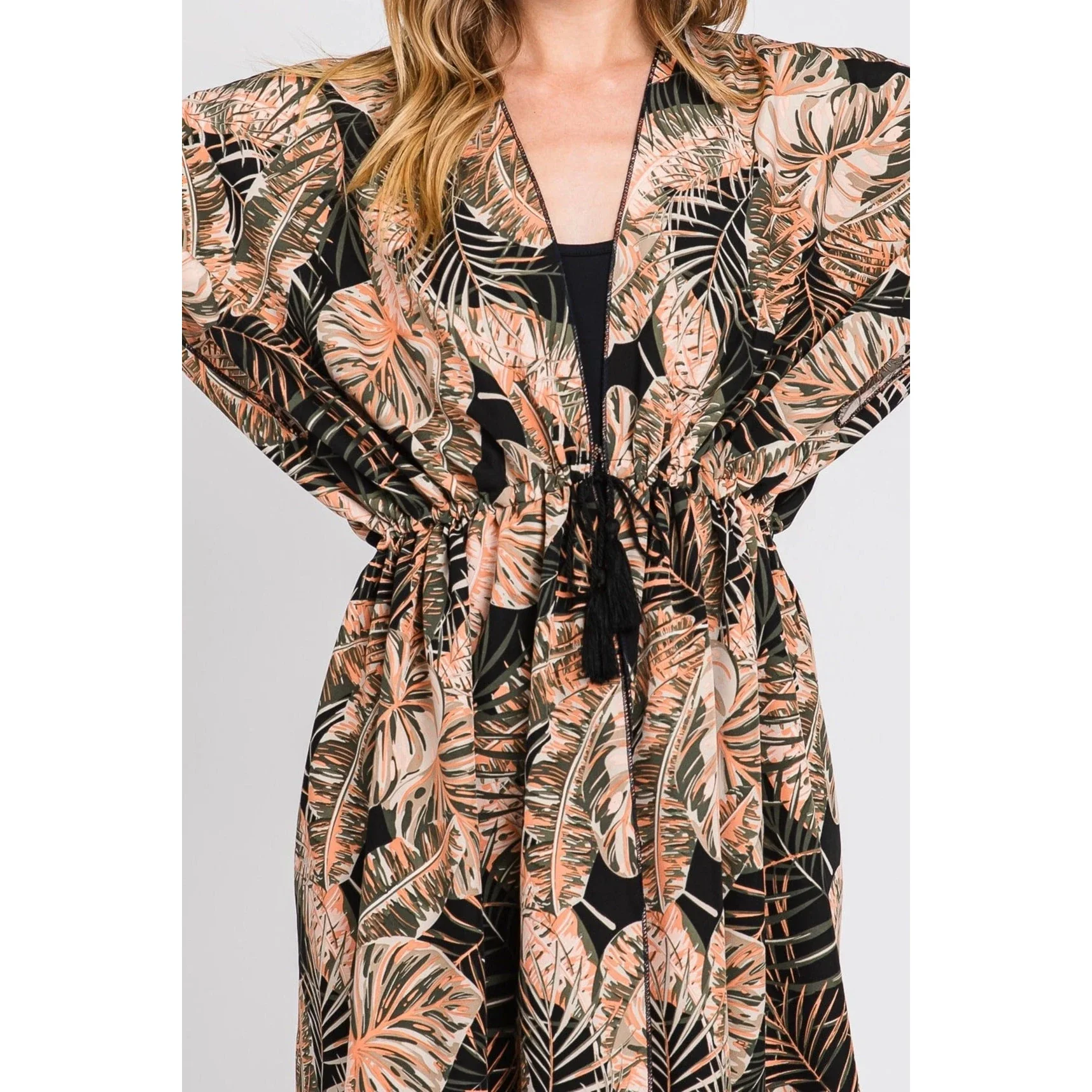 Eloise Tropical Leaves Drawstring Long Kimono - Image 8