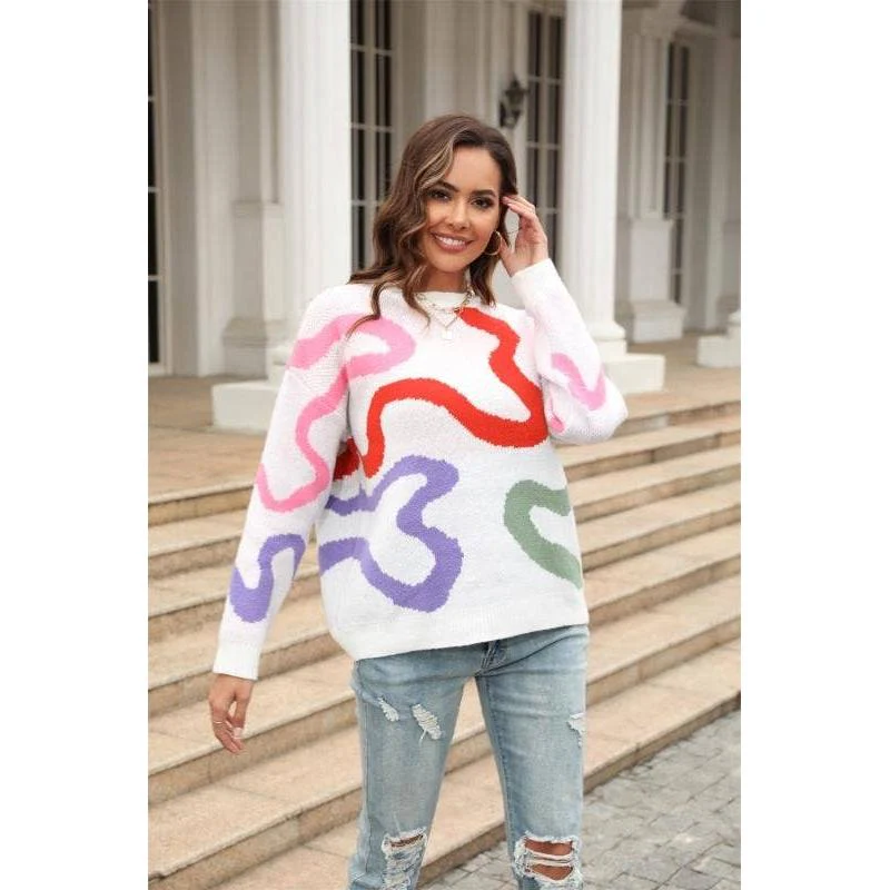Wild '80s Multi Color Swirl Sweater | Women’s Novelty Knitwear with Bold Intarsia Design [SM–XL] - Image 2