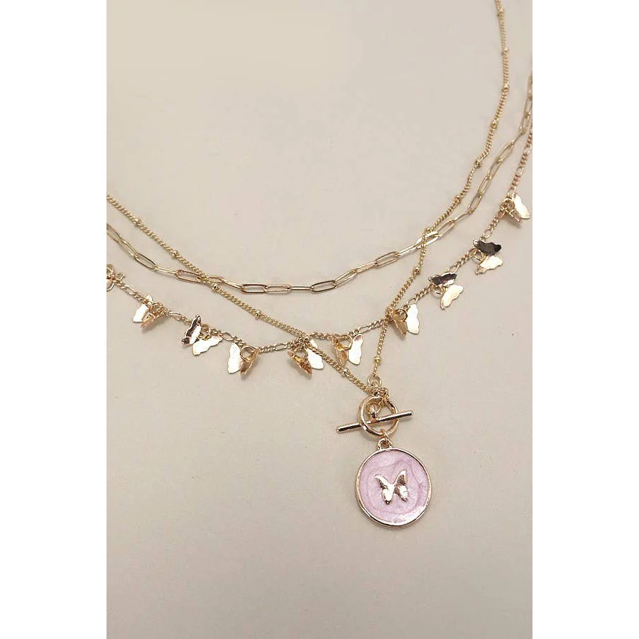 Multi Layer Butterfly Epoxy Toggle Necklace | Gold Tone - Image 2