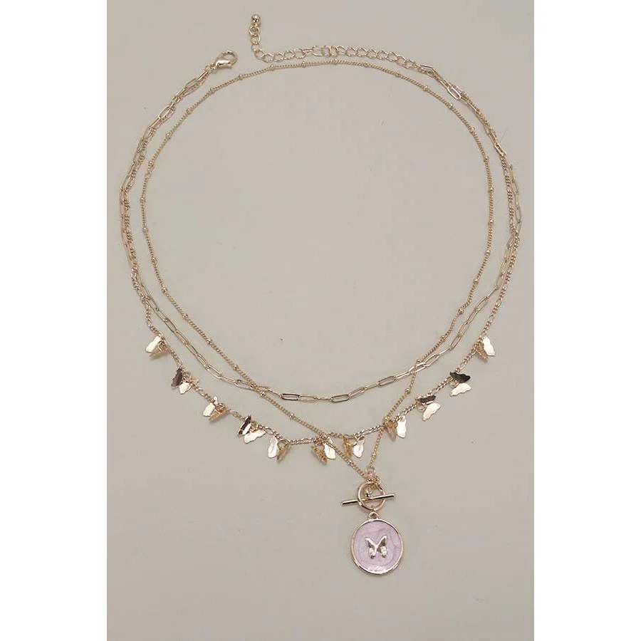 Multi Layer Butterfly Epoxy Toggle Necklace | Gold Tone - Image 3