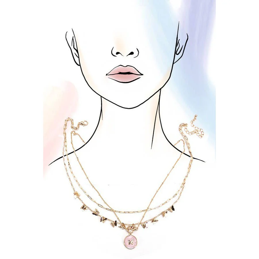 Multi Layer Butterfly Epoxy Toggle Necklace | Gold Tone - Image 4