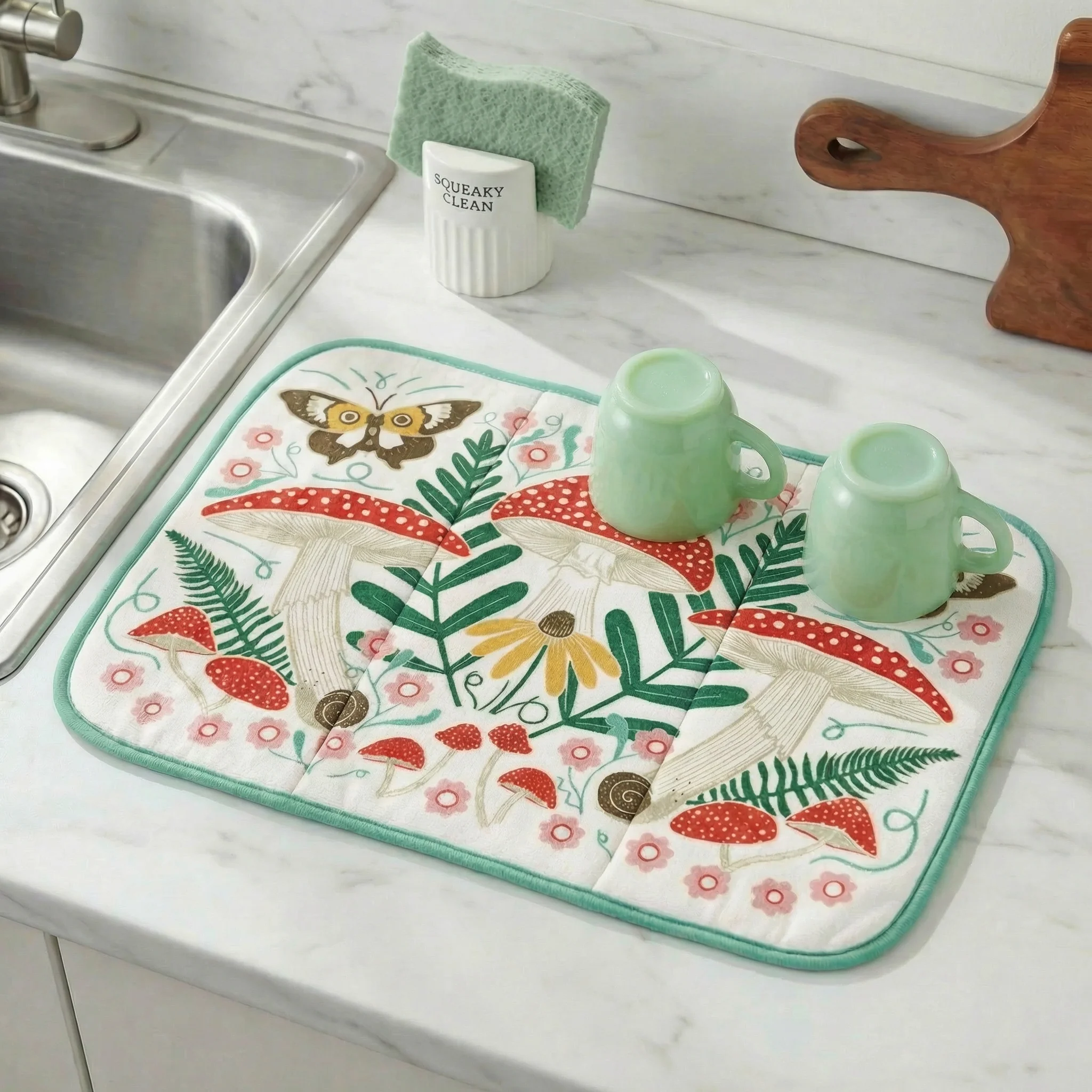 Mushroom Art Ultra-Absorbent Drying Mat | Rustic Nature-themed Dish Drainer Pad | 21" x 14" - Image 2
