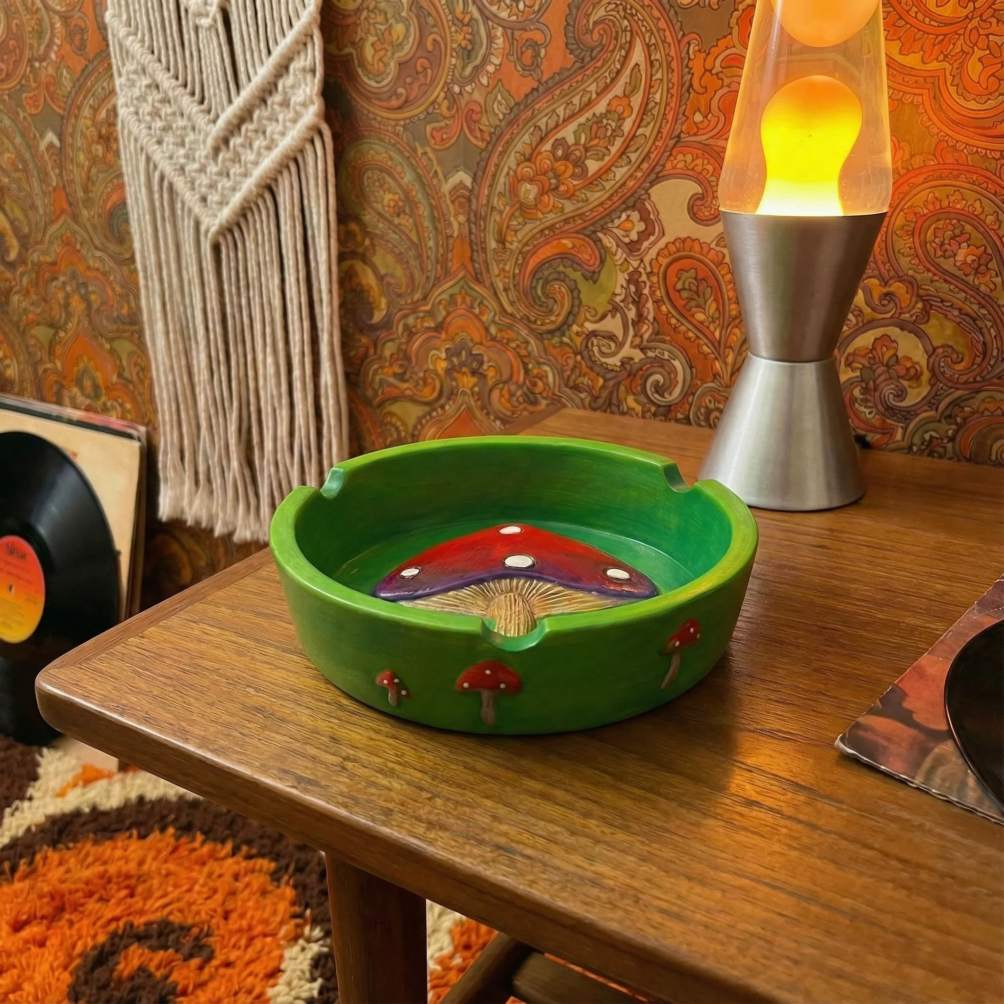 Groovy Mushroom Ashtray in Bright Green and Red | Hand Painted Round Resin Ash Bin  | 4.5" - Image 5