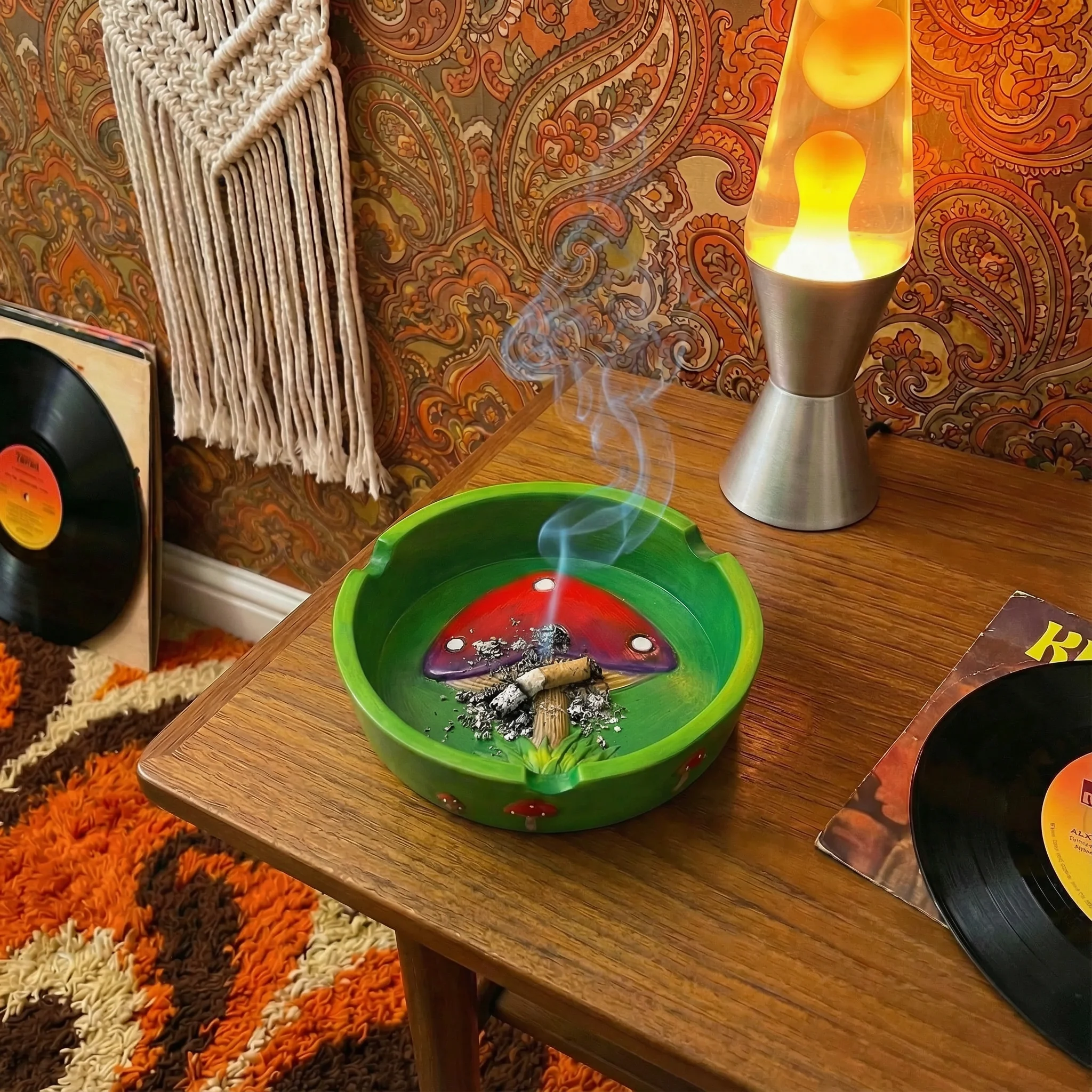 Groovy Mushroom Ashtray in Bright Green and Red | Hand Painted Round Resin Ash Bin  | 4.5" - Image 6