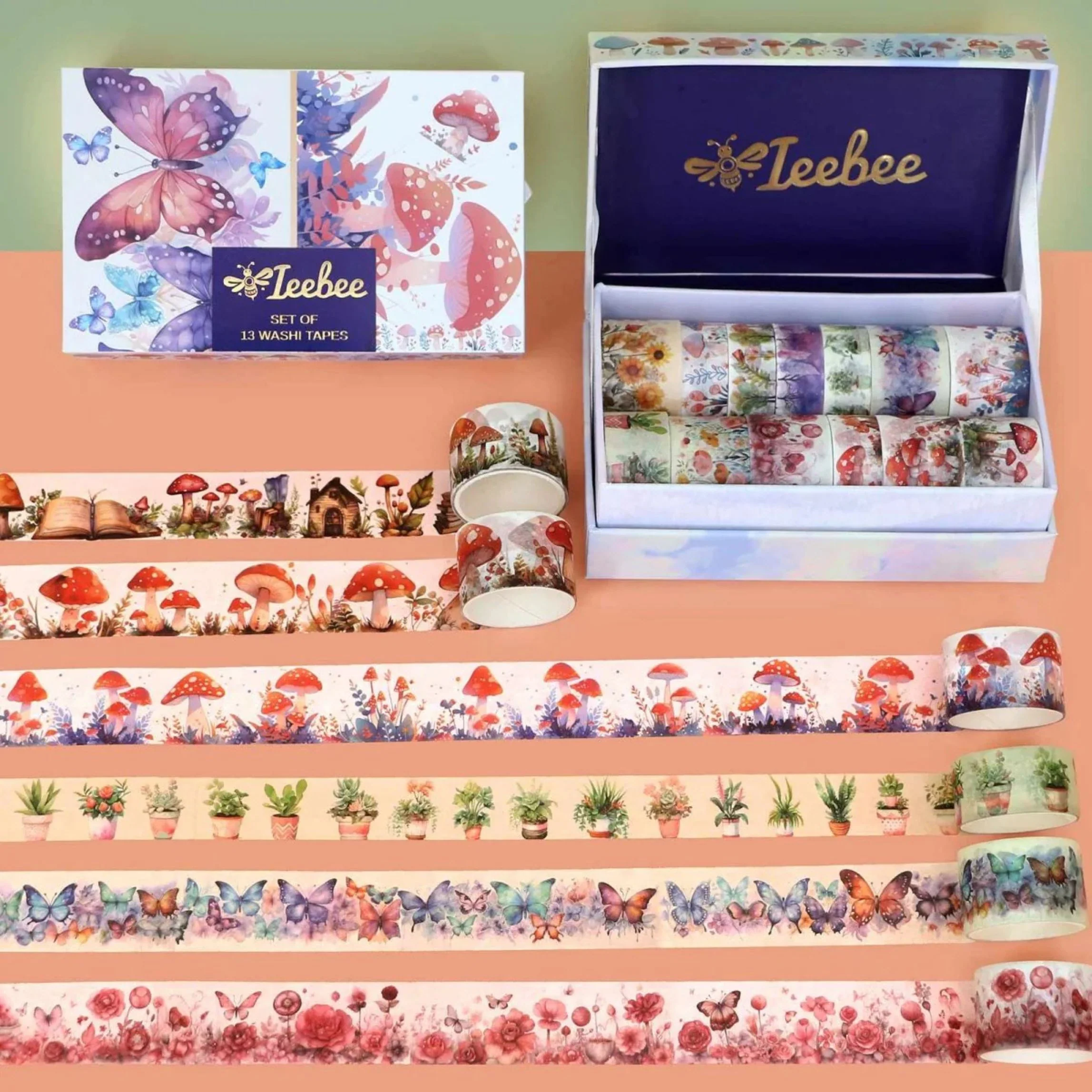 Mushroom Butterfly Washi Tape Set | 13 Rolls Floral & Nature Decorative Tape for Journals, Planners & Crafts - Image 2