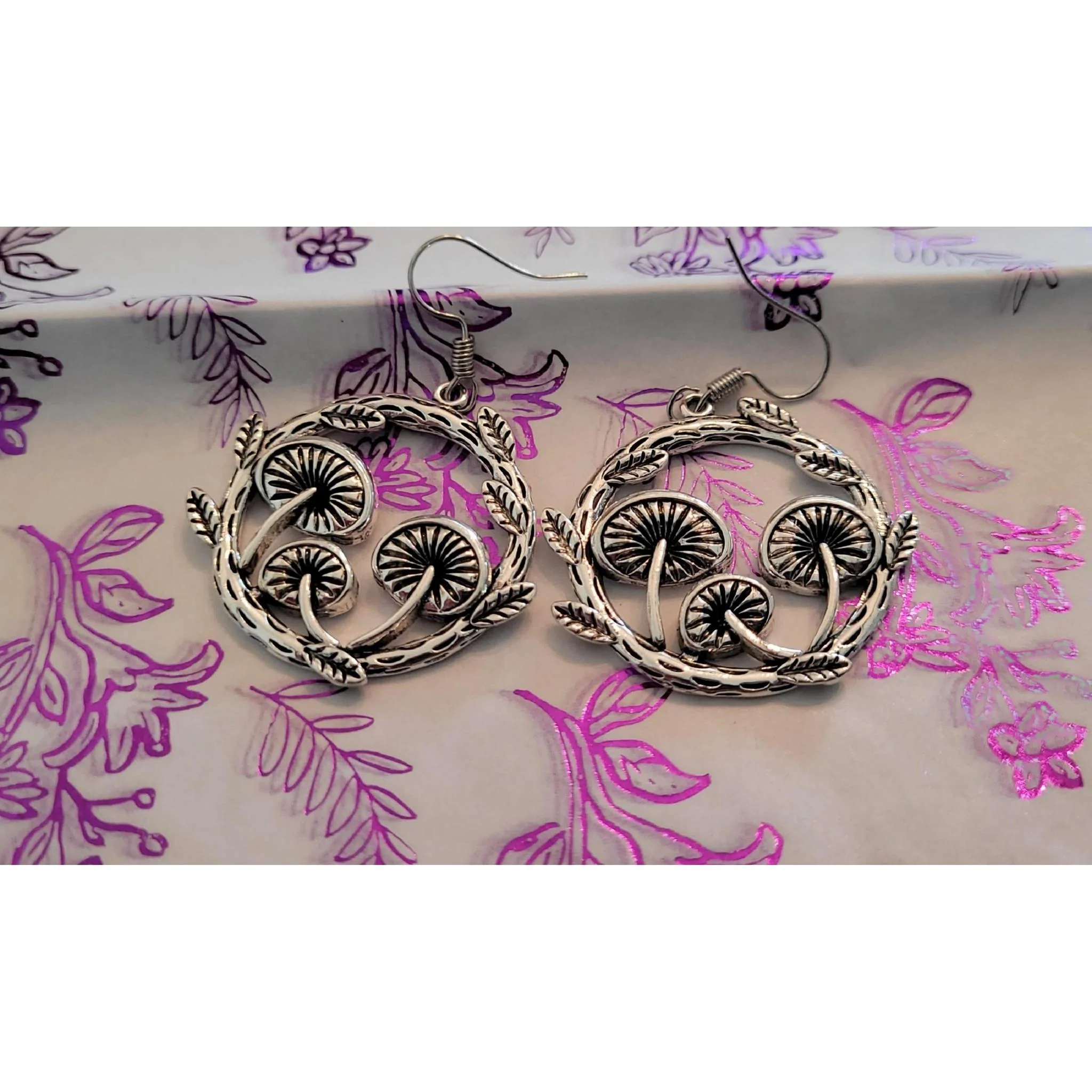 Mushroom Wreath Earrings | Toadstool Dangle Earrings in Antiqued Silver - Image 2