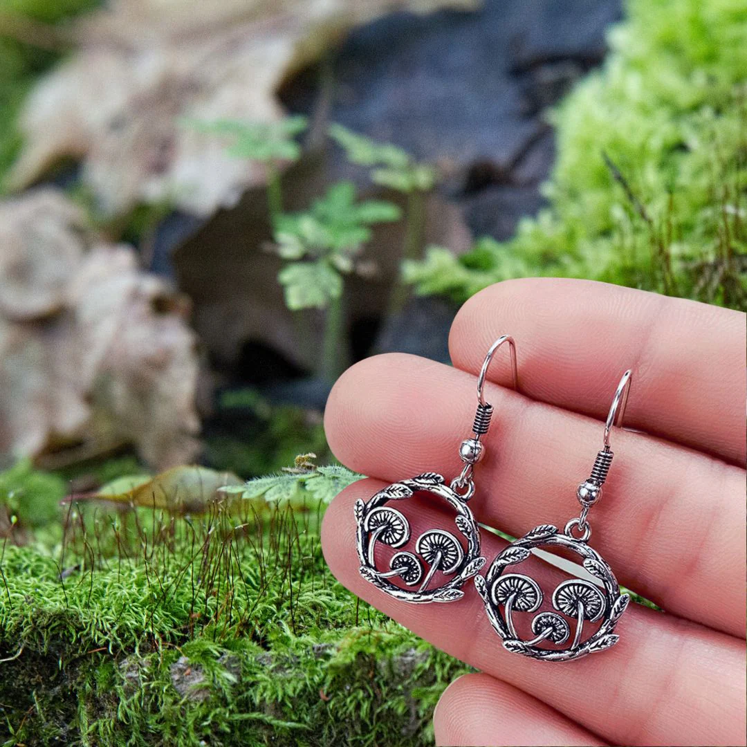 Mushroom Wreath Earrings | Toadstool Dangle Earrings in Antiqued Silver - Image 3