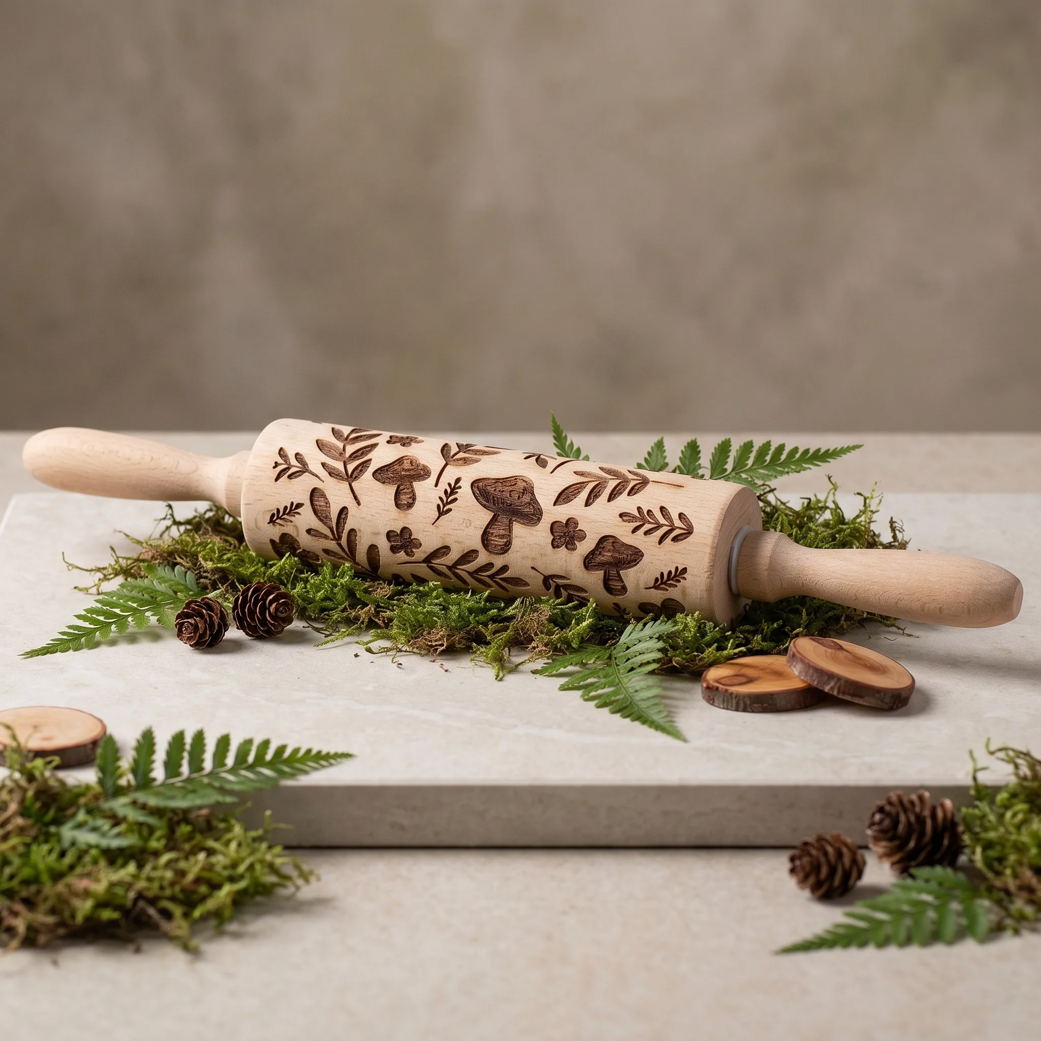 Mushrooms Small Embossing Rolling Pin | Creates Mushrooms and Florals Design