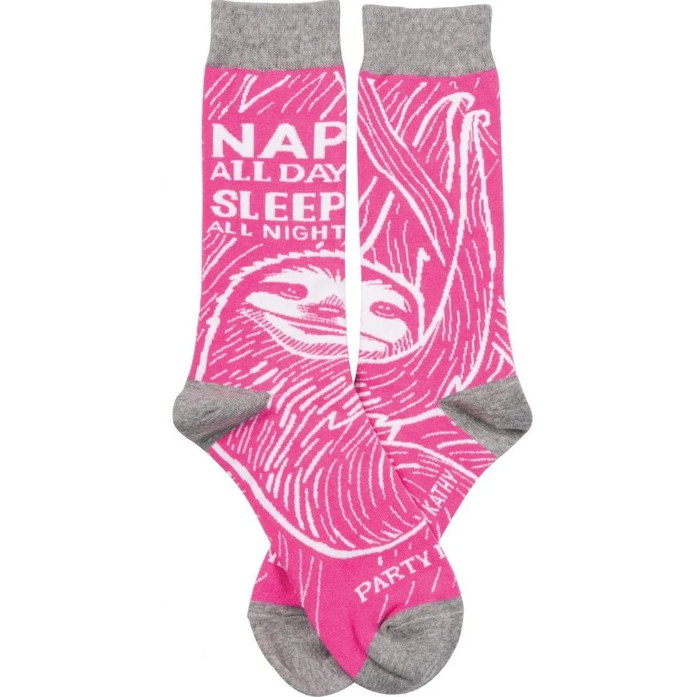 Nap All Day, Sleep All Night, Party Never Sloth Pink Funny Novelty Socks - Image 2