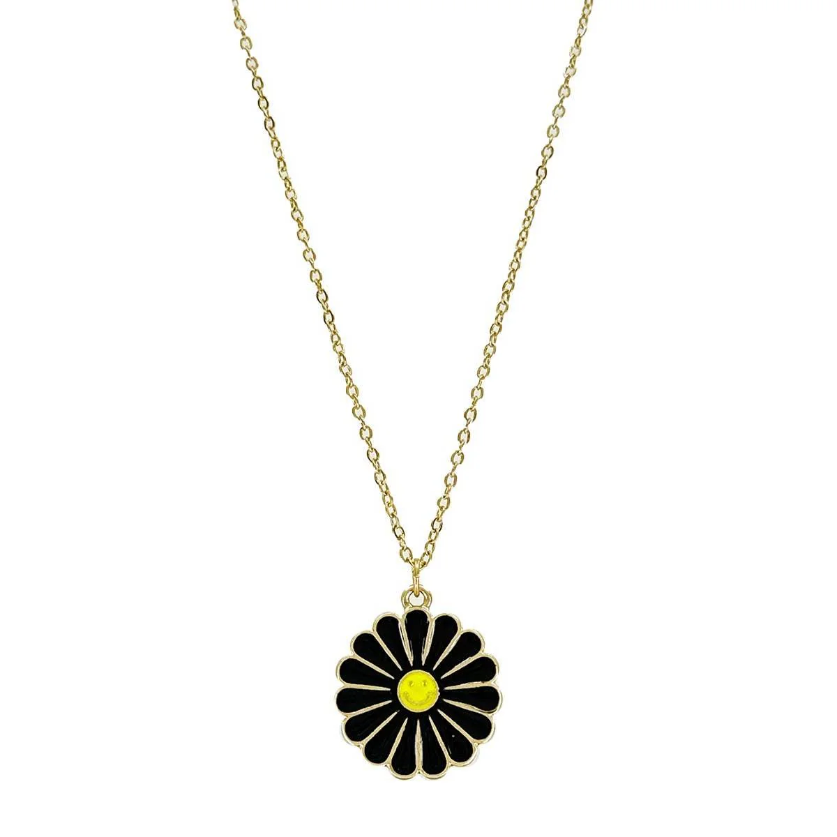 Groovy Flower Happy Face Pendant Necklace in Black and Yellow | Retro Smiley Charm Necklace - Image 4