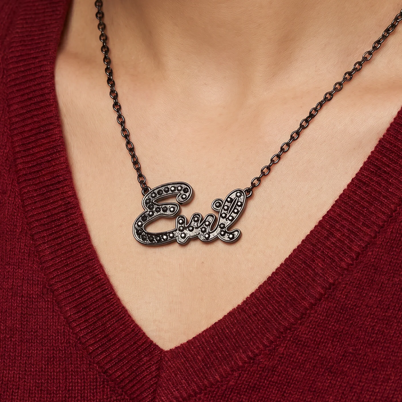 Sourpuss “Evil” Pendant Necklace with Black Rhinestones Gothic Statement Jewelry - Image 3